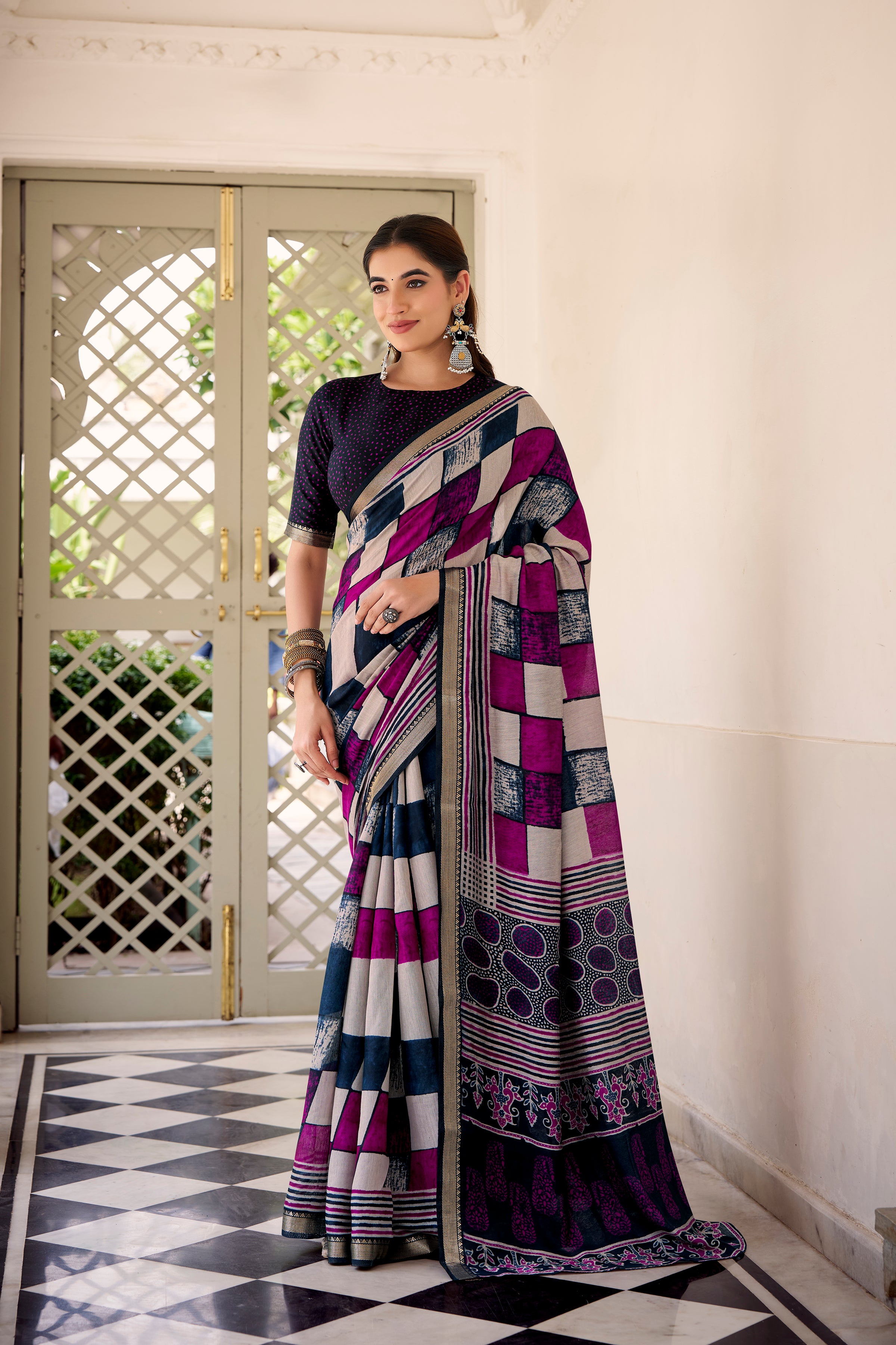 Navy Blue Color Polyester Viscose Chanderi Printed Saree with Unstitched Blouse