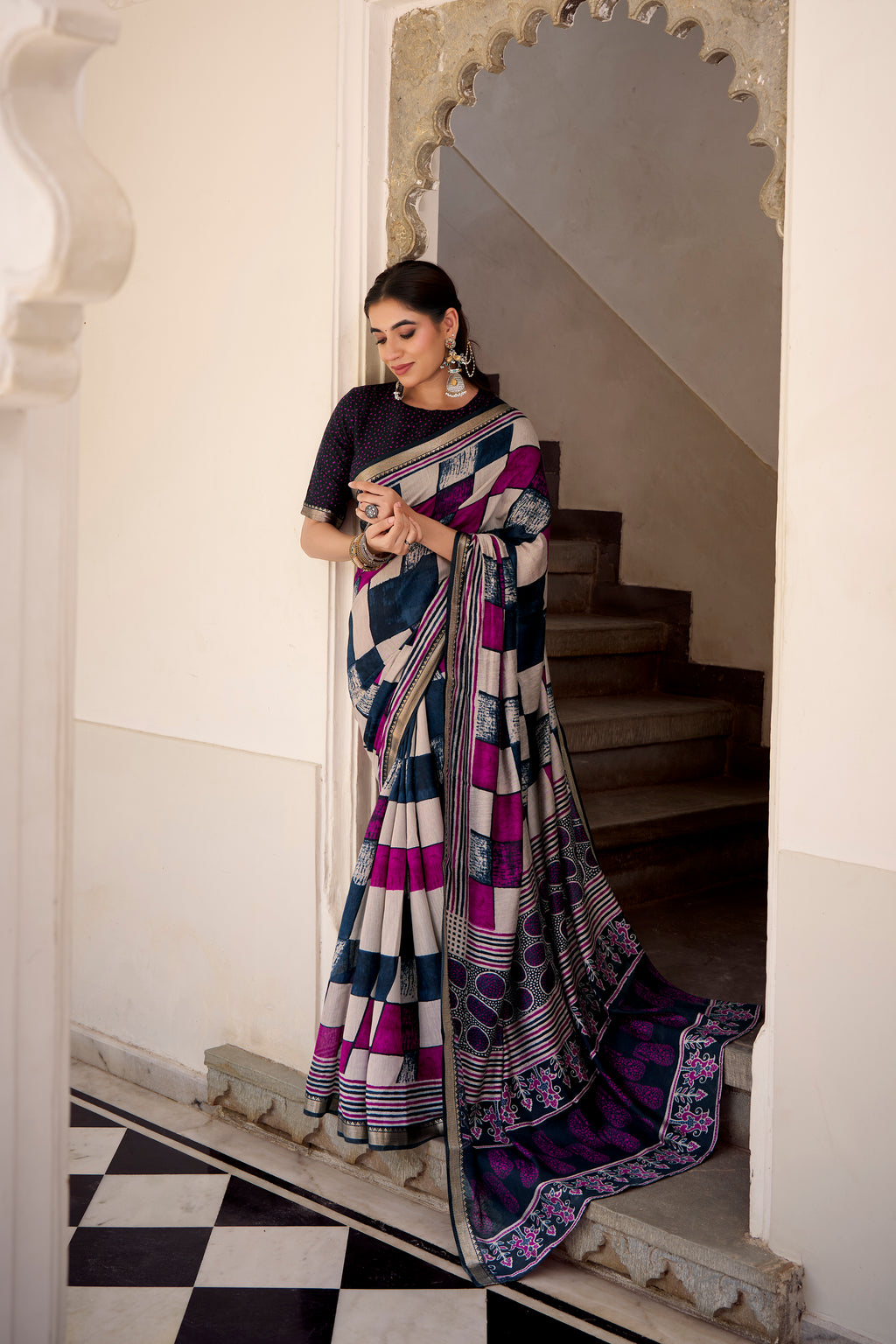 Navy Blue Color Polyester Viscose Chanderi Printed Saree with Unstitched Blouse