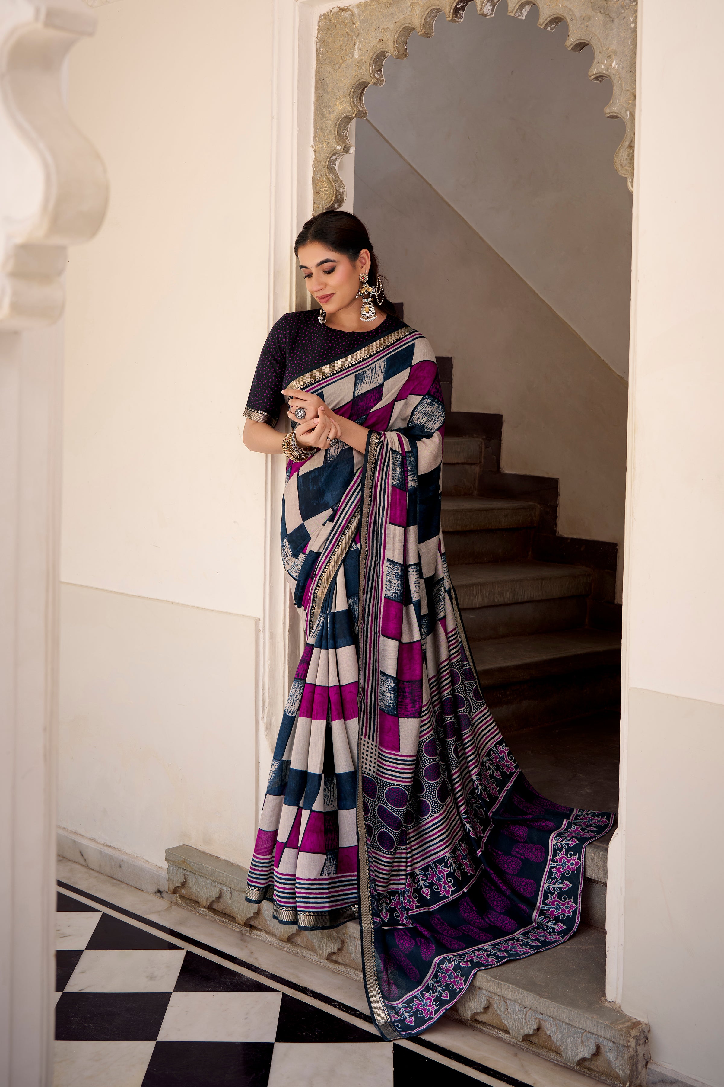 Navy Blue Color Polyester Viscose Chanderi Printed Saree with Unstitched Blouse