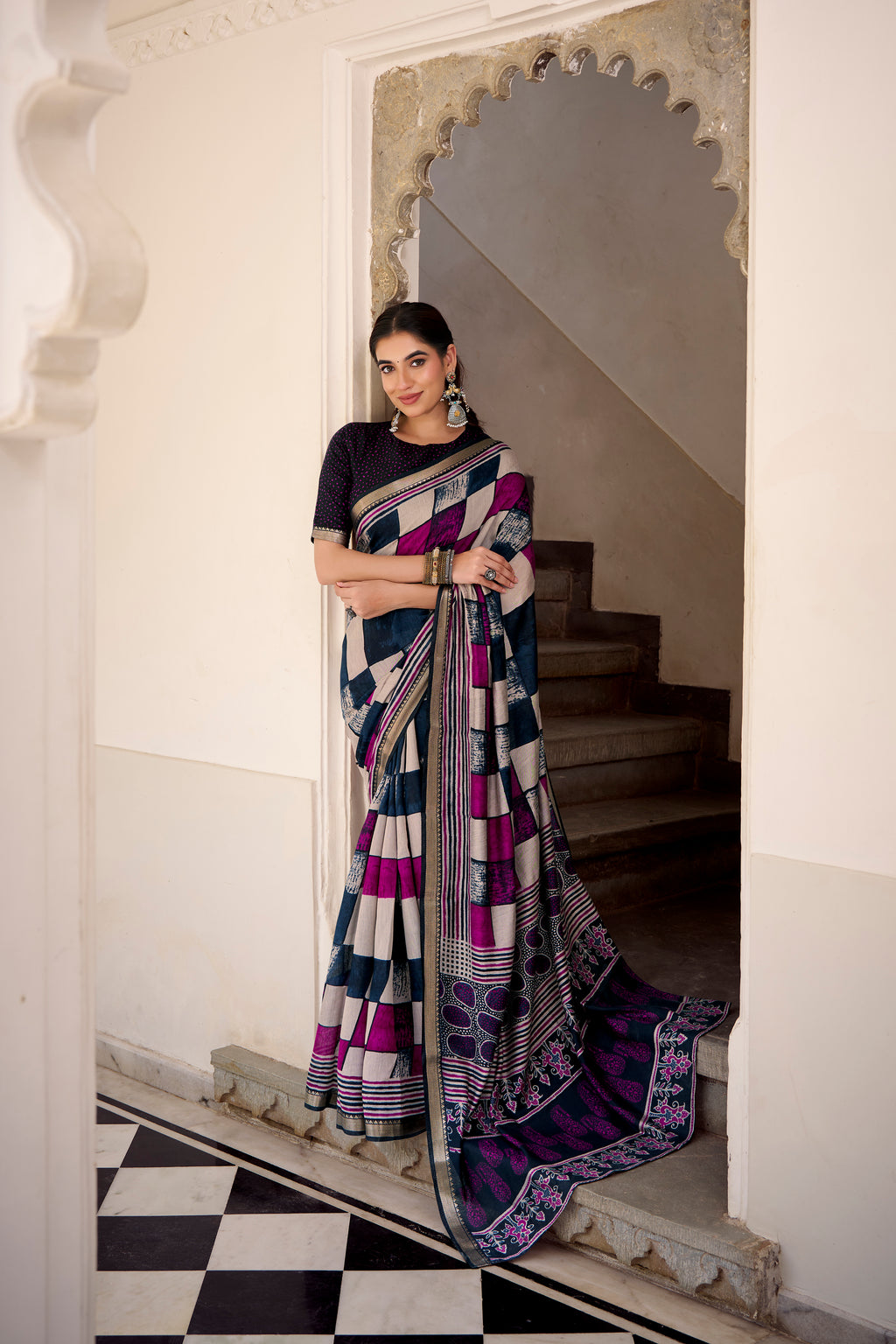 Navy Blue Color Polyester Viscose Chanderi Printed Saree with Unstitched Blouse
