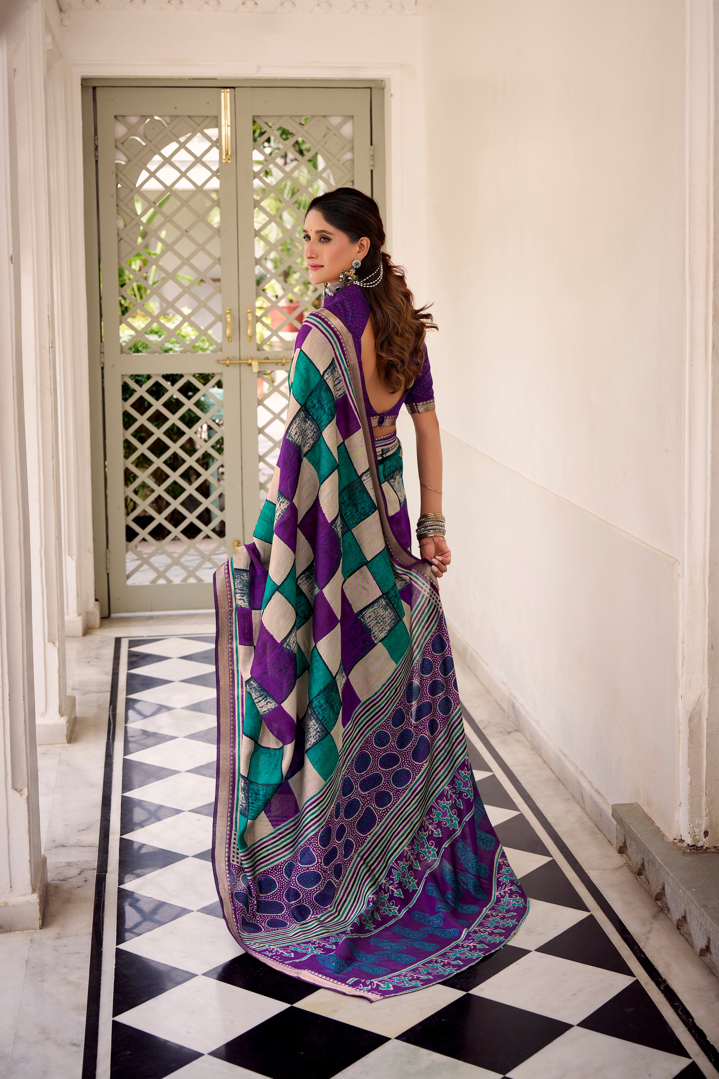 Purple Color Polyester Viscose Chanderi Printed Saree with Unstitched Blouse