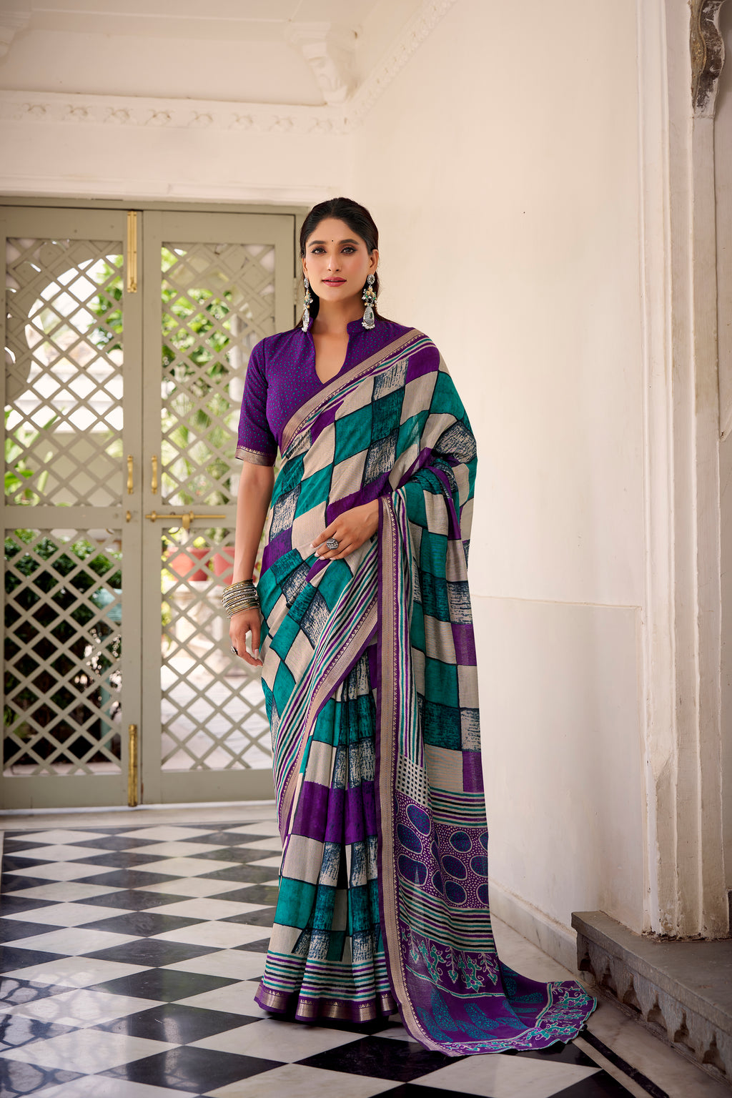 Purple Color Polyester Viscose Chanderi Printed Saree with Unstitched Blouse