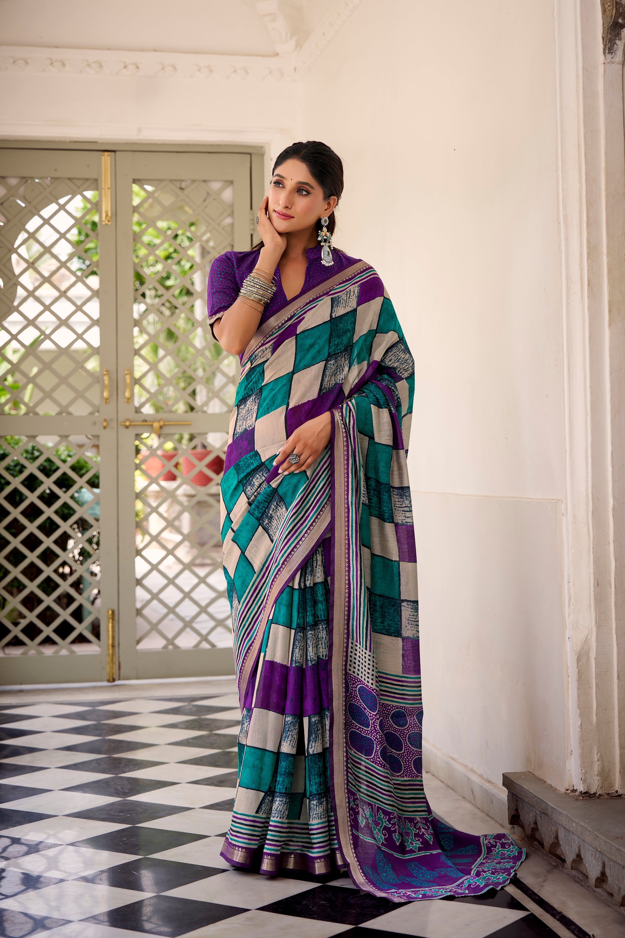 Purple Color Polyester Viscose Chanderi Printed Saree with Unstitched Blouse