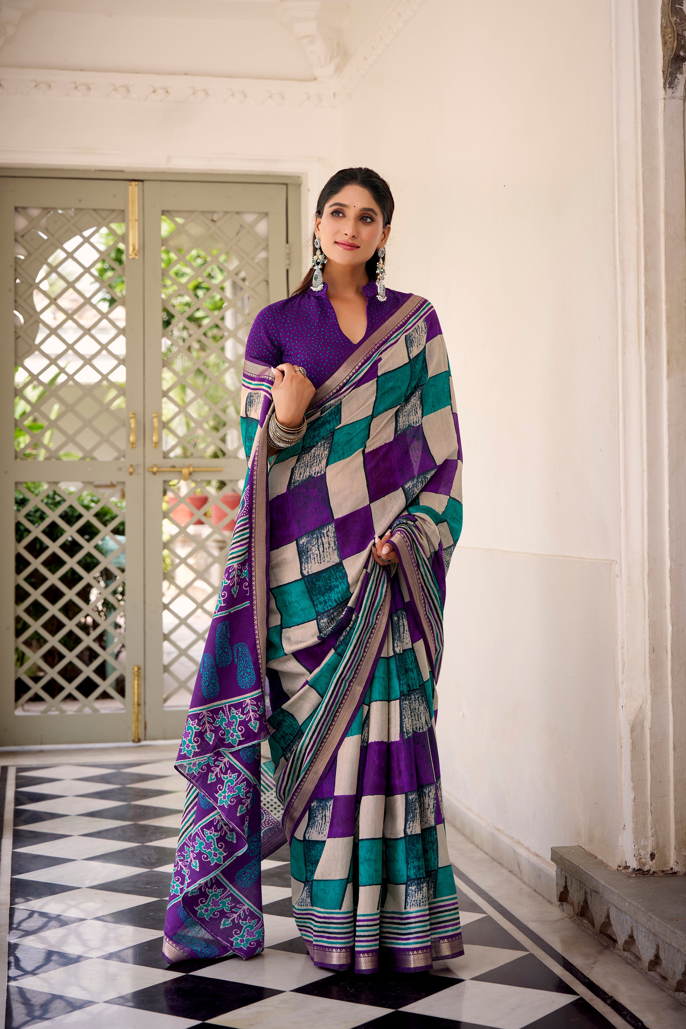 Purple Color Polyester Viscose Chanderi Printed Saree with Unstitched Blouse