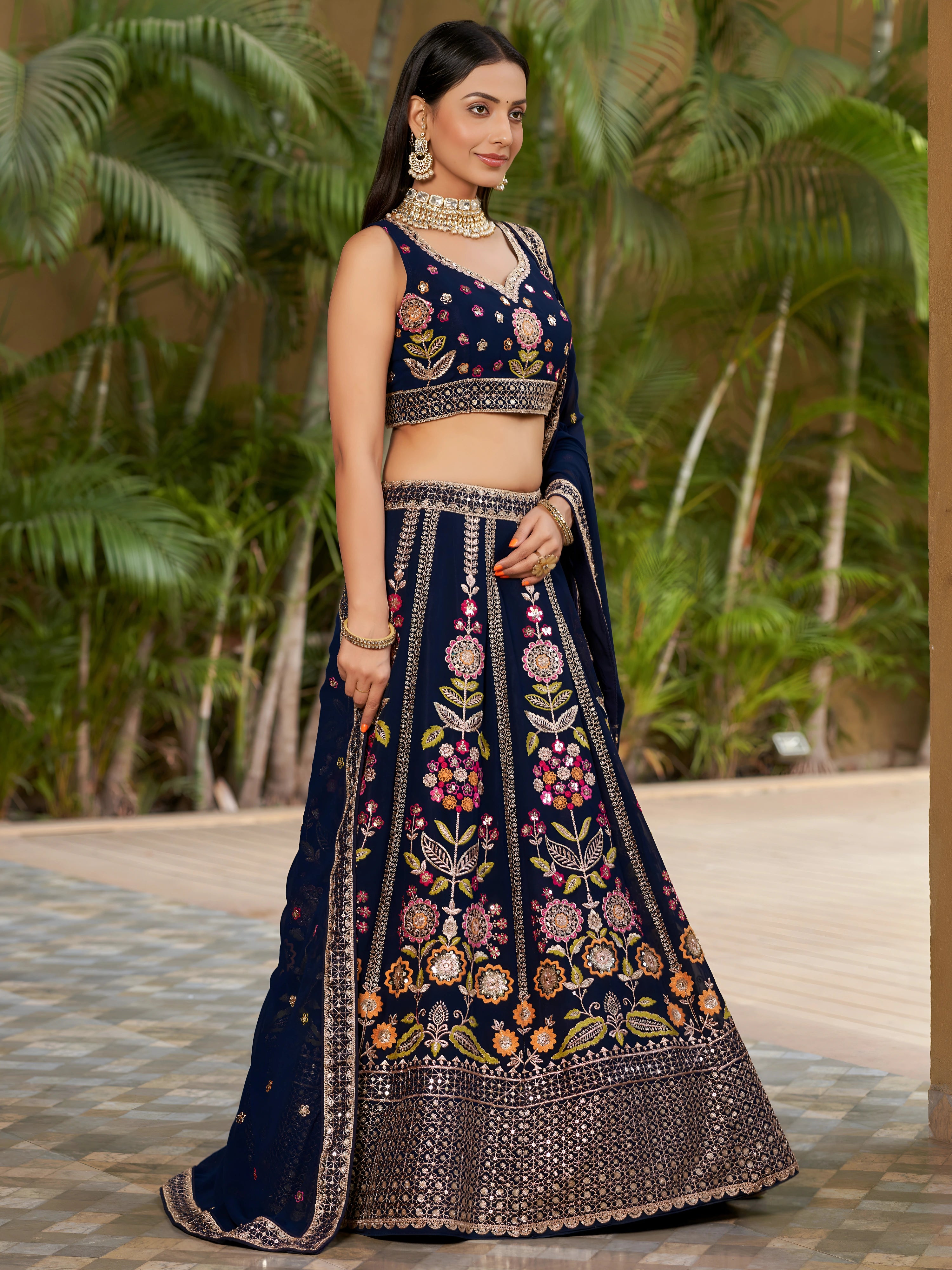 Navya Deep Navy Blue Color Floral Embroidered Lehenga Choli with Dupatta