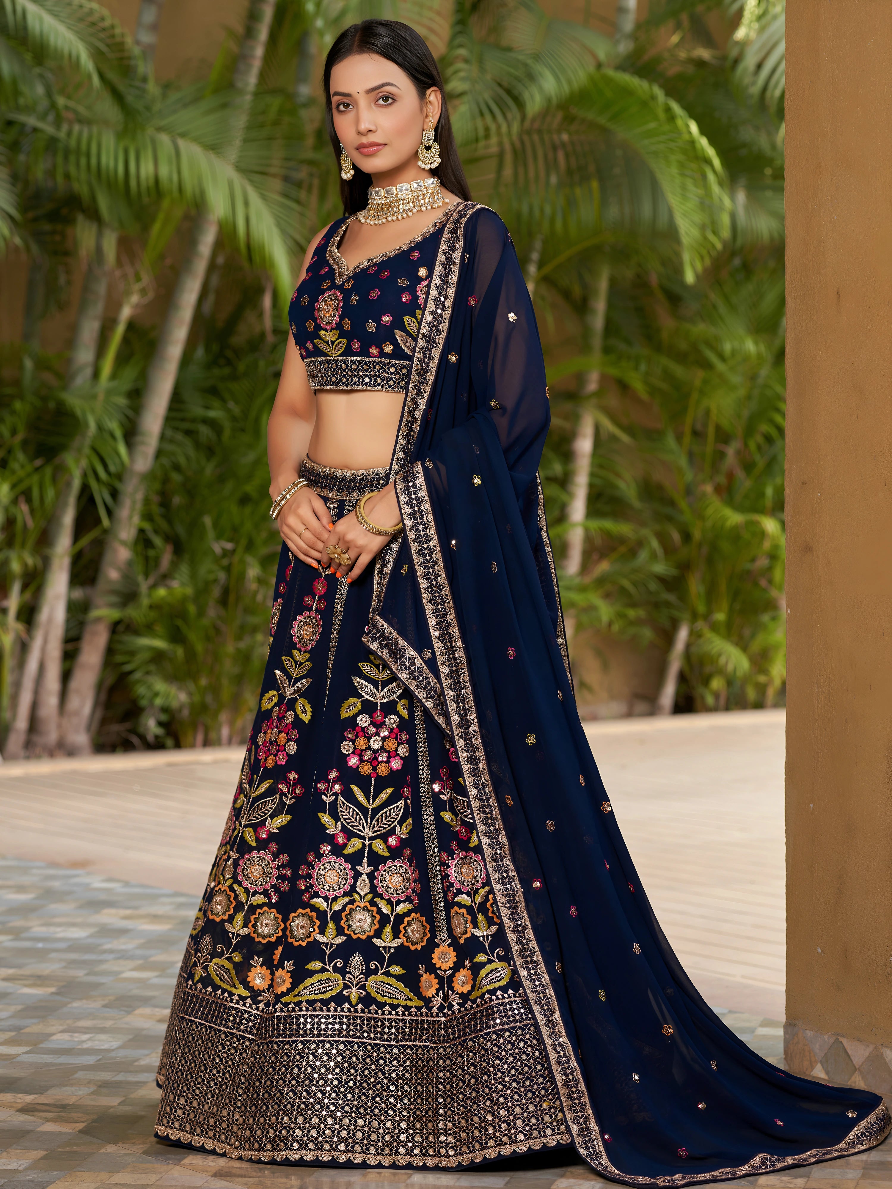 Navya deep navy blue floral embroidered lehenga choli with dupatta