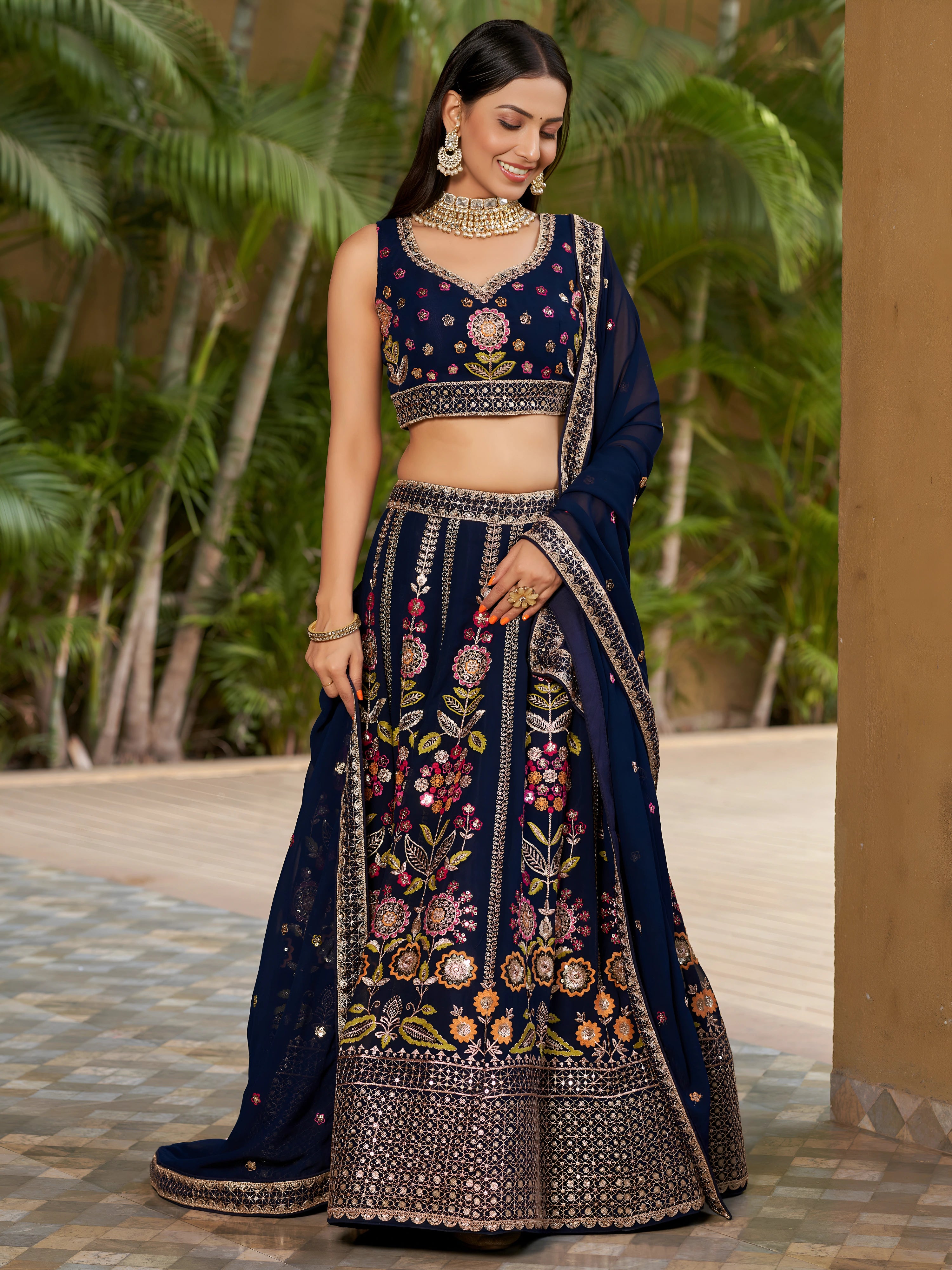 Navya Deep Navy Blue Color Floral Embroidered Lehenga Choli with Dupatta