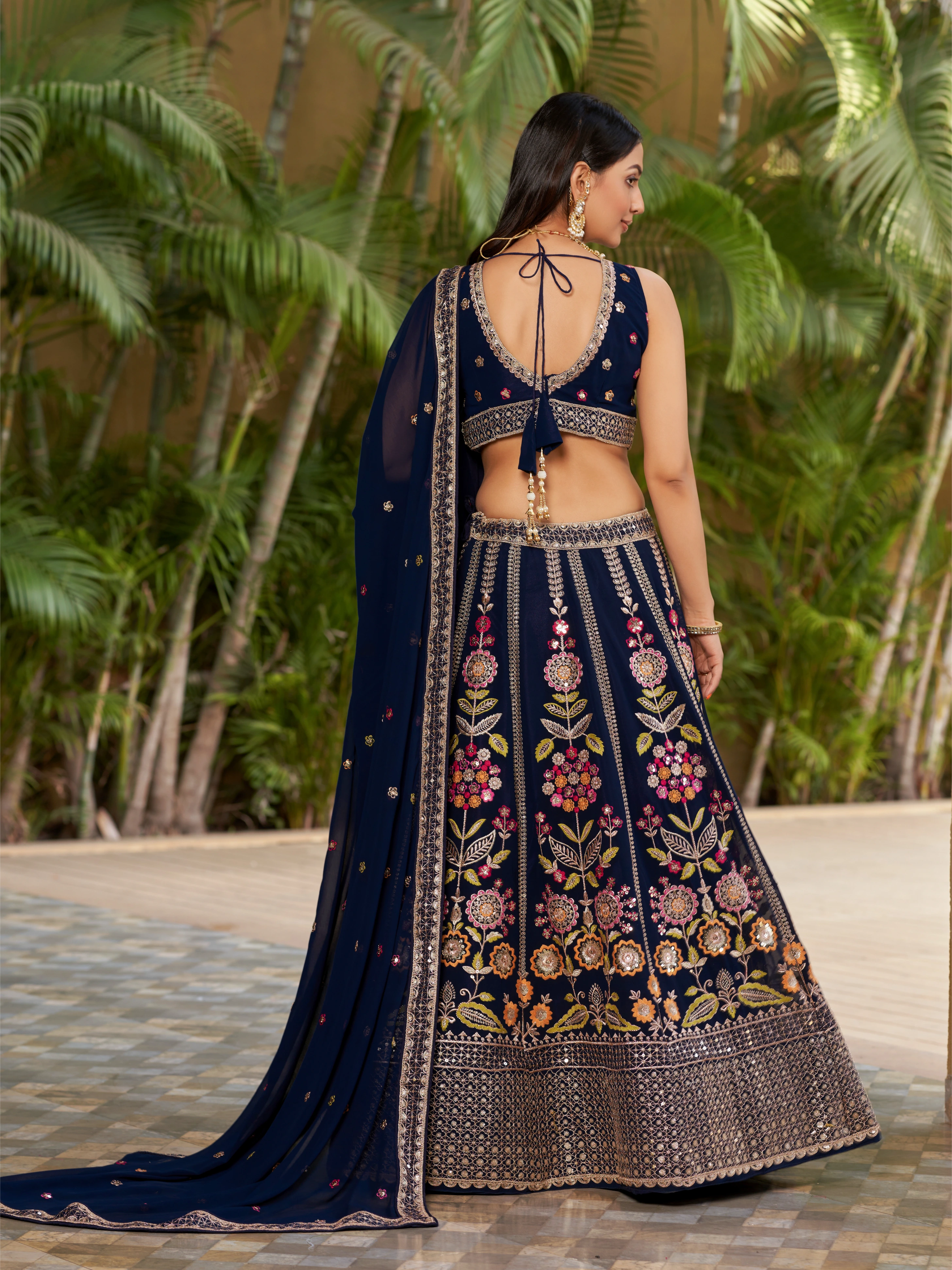 Navya deep navy blue floral embroidered lehenga choli with dupatta