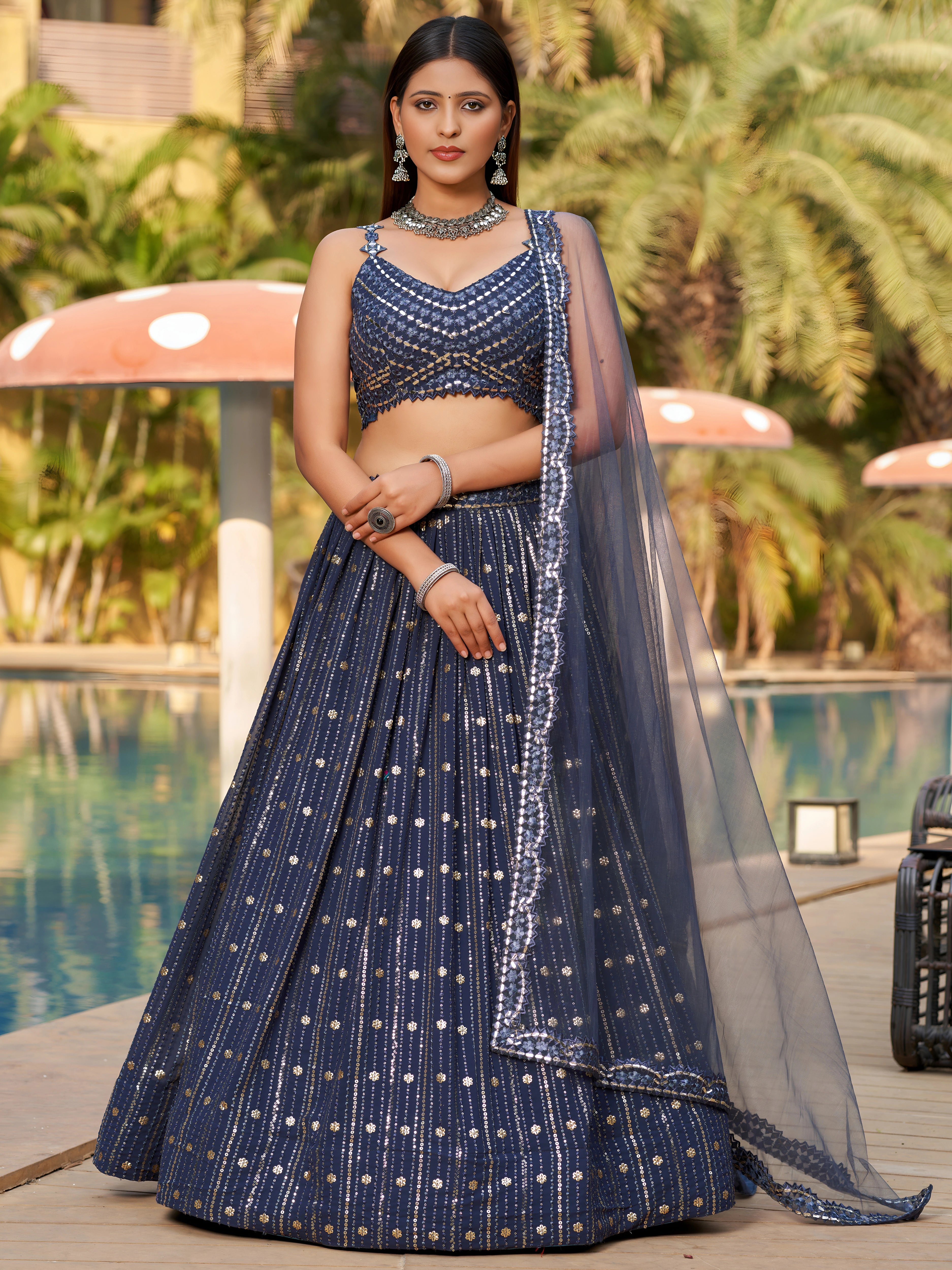 Navya Midnight Grey Color Mirror Work Embroidered Lehenga Choli with Dupatta