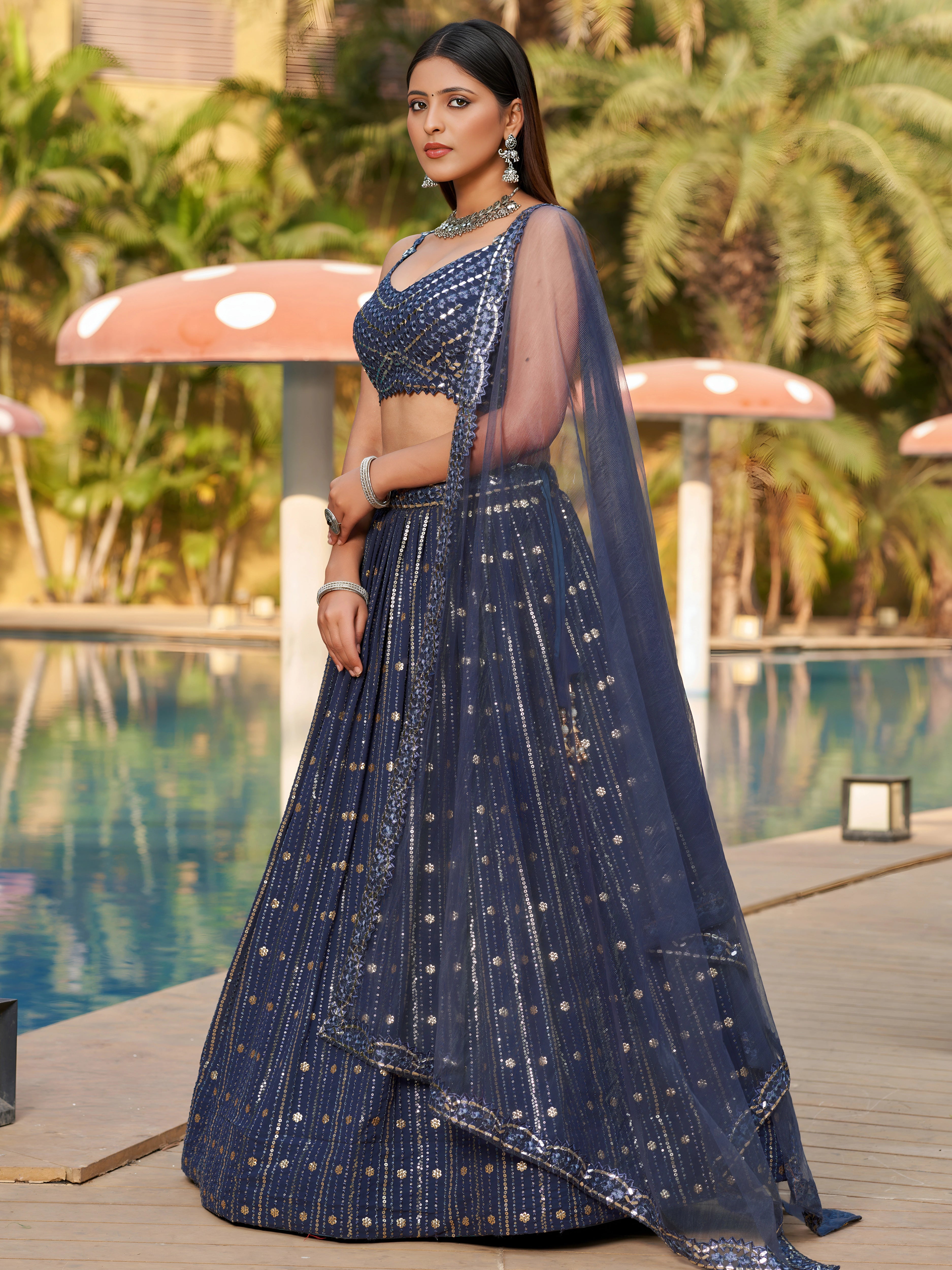 Navya Midnight Grey Color Mirror Work Embroidered Lehenga Choli with Dupatta