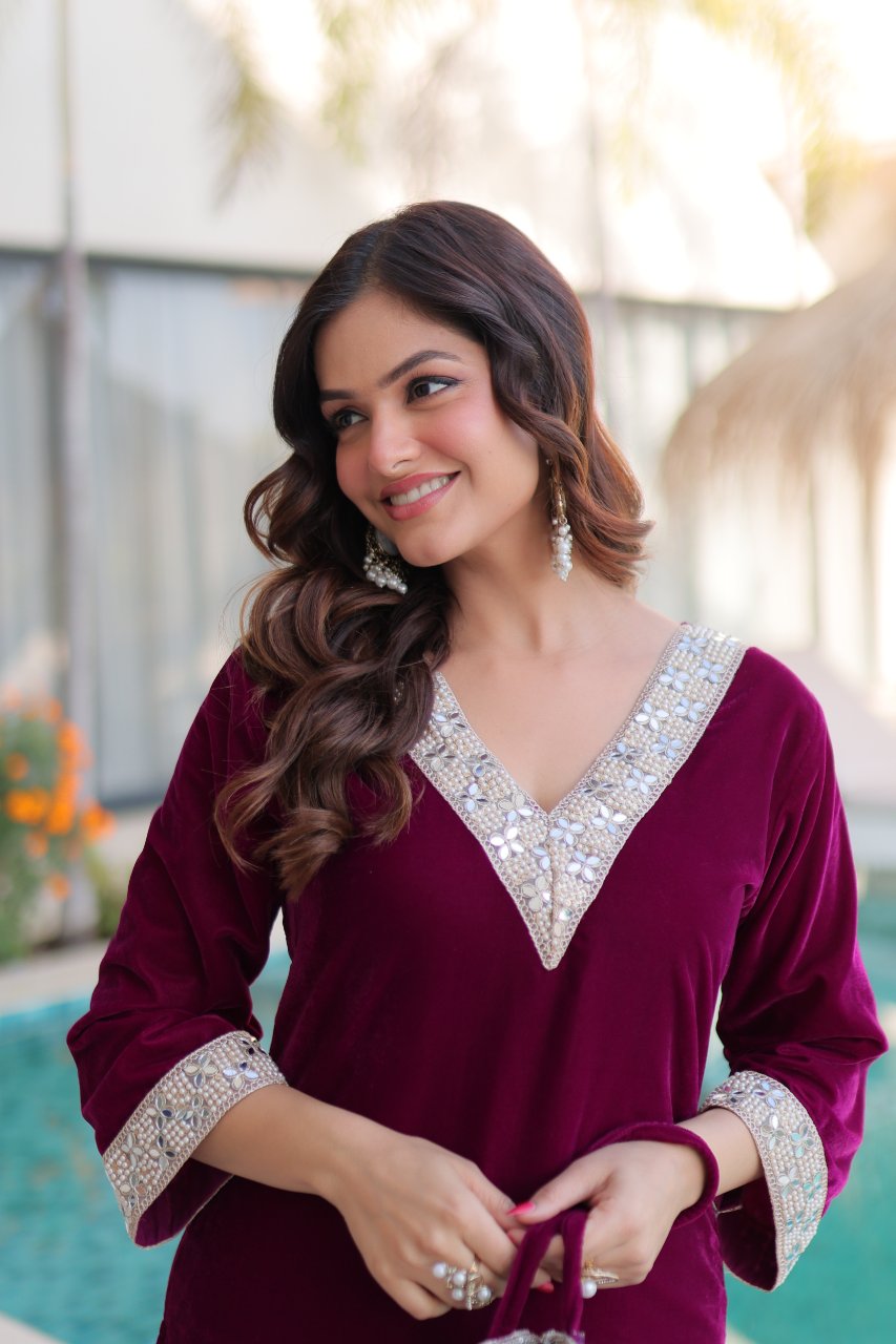 Elvya wine velvet kurti set with zari embroidered mirror work