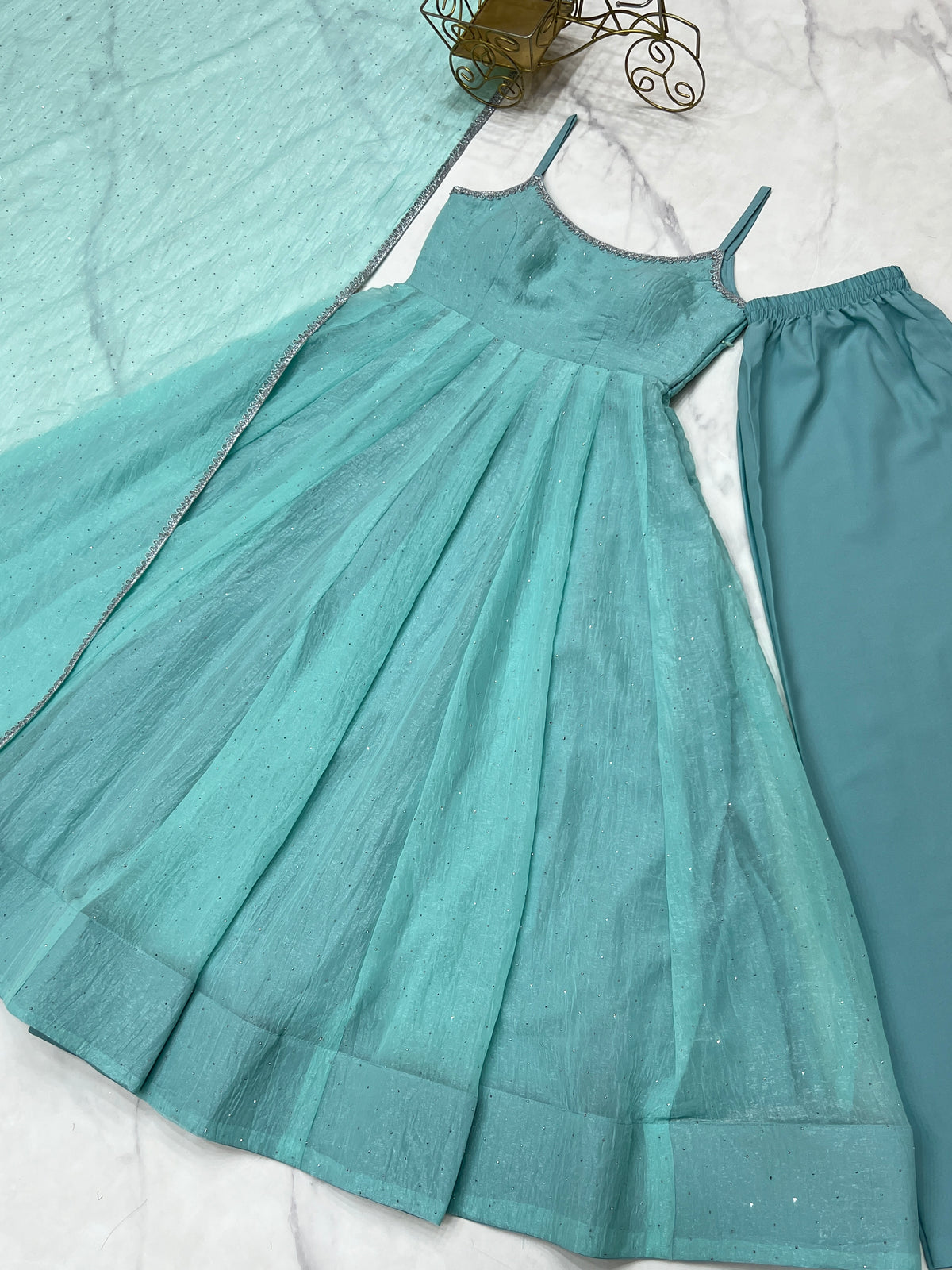 Pastel Aqua Blue Shimmer Anarkali Gown with Delicate Sparkle Detailing, Spaghetti Straps & Sheer Matching Dupatta