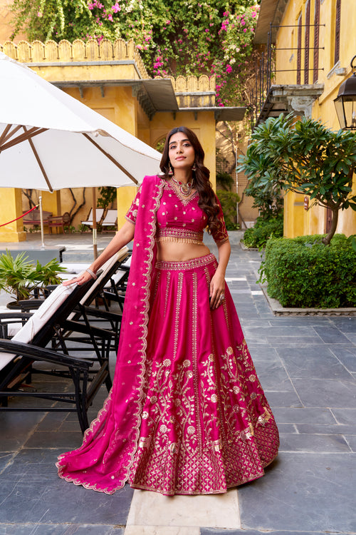 Aarika Pink Color Natural Silk Sequins and Thread Embroidery Work Lehenga Choli