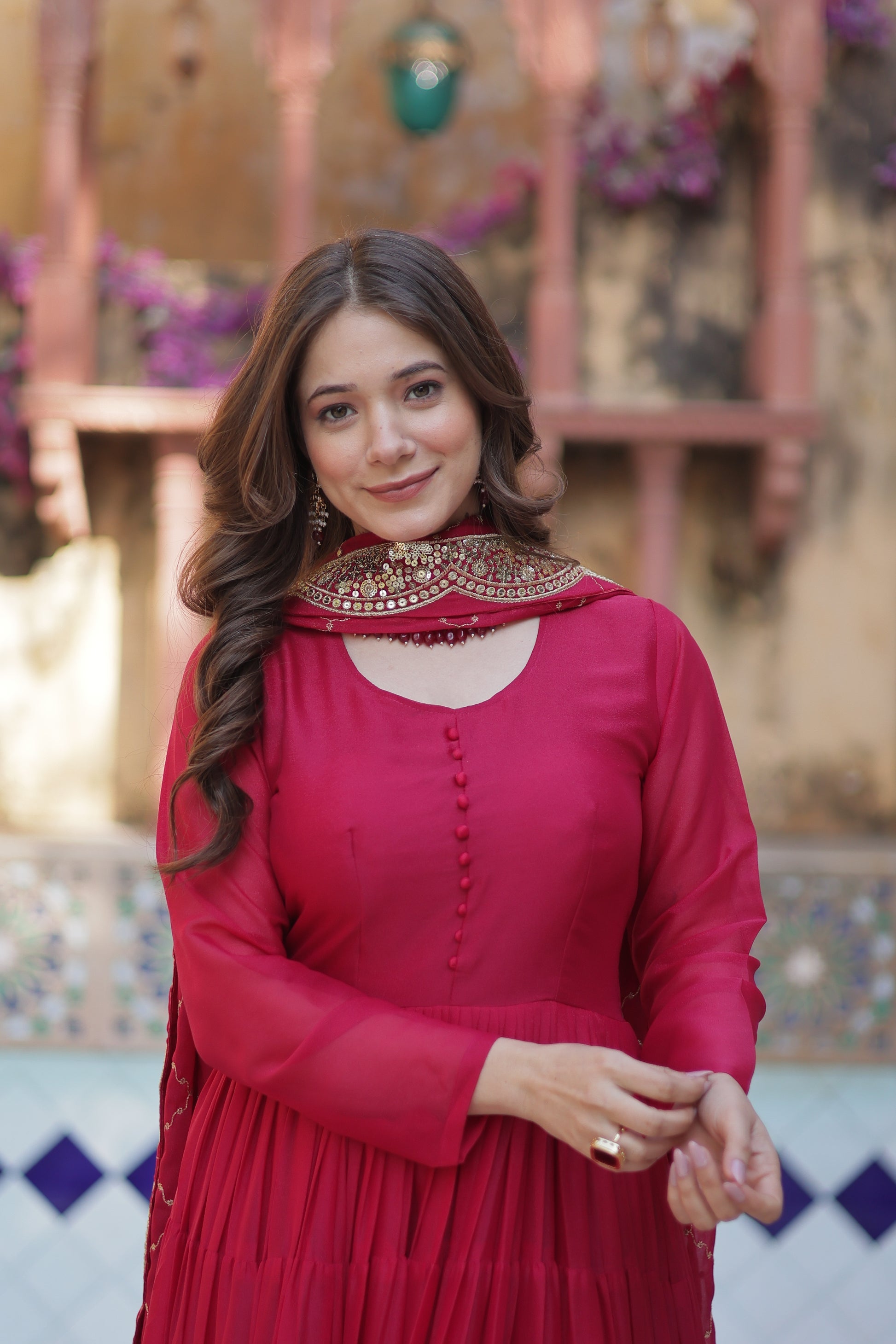 Aarushi Pink Georgette Embroidered Flared Anarkali Gown Set