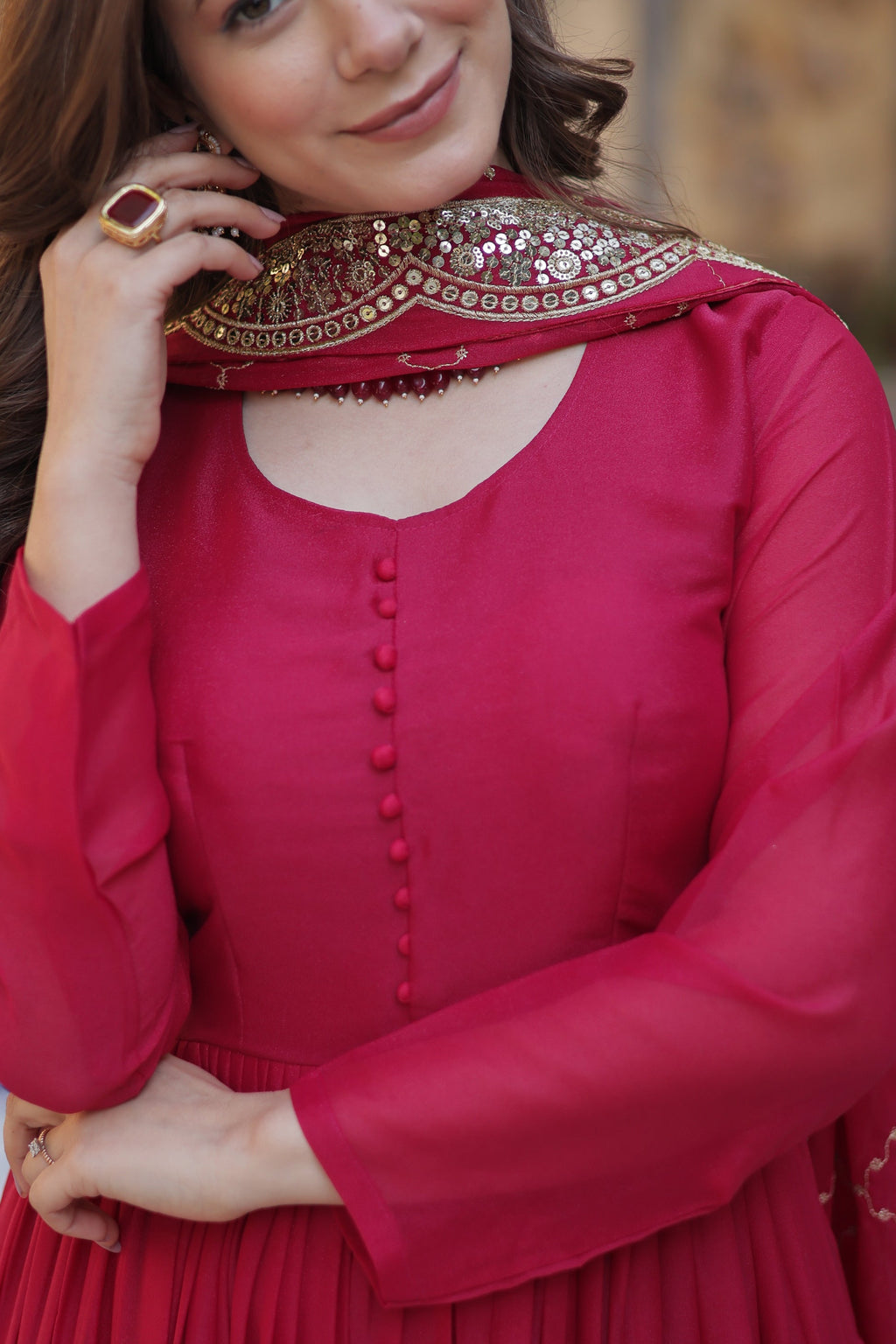 Aarushi Pink Georgette Embroidered Flared Anarkali Gown Set