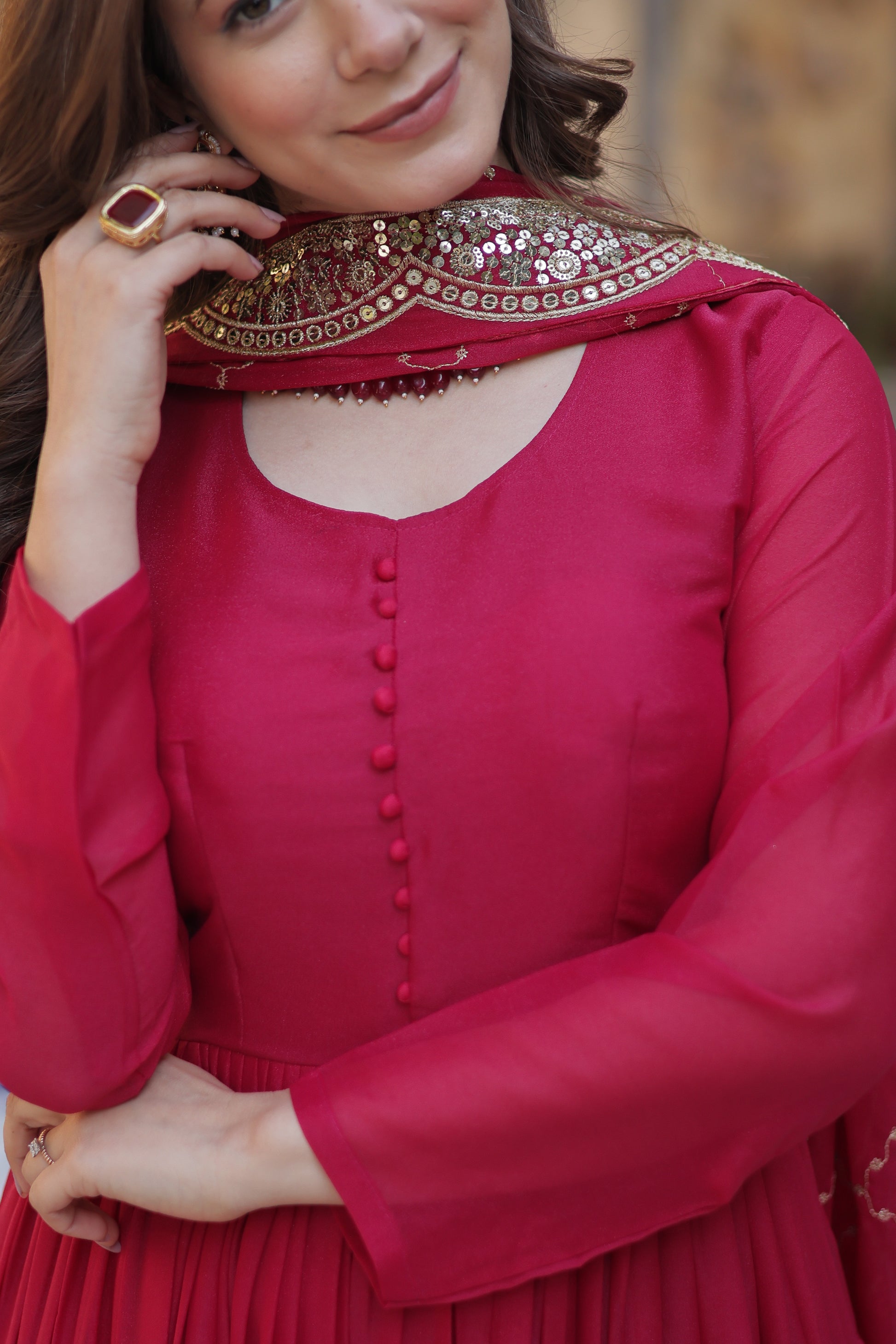 Aarushi Pink Georgette Embroidered Flared Anarkali Gown Set