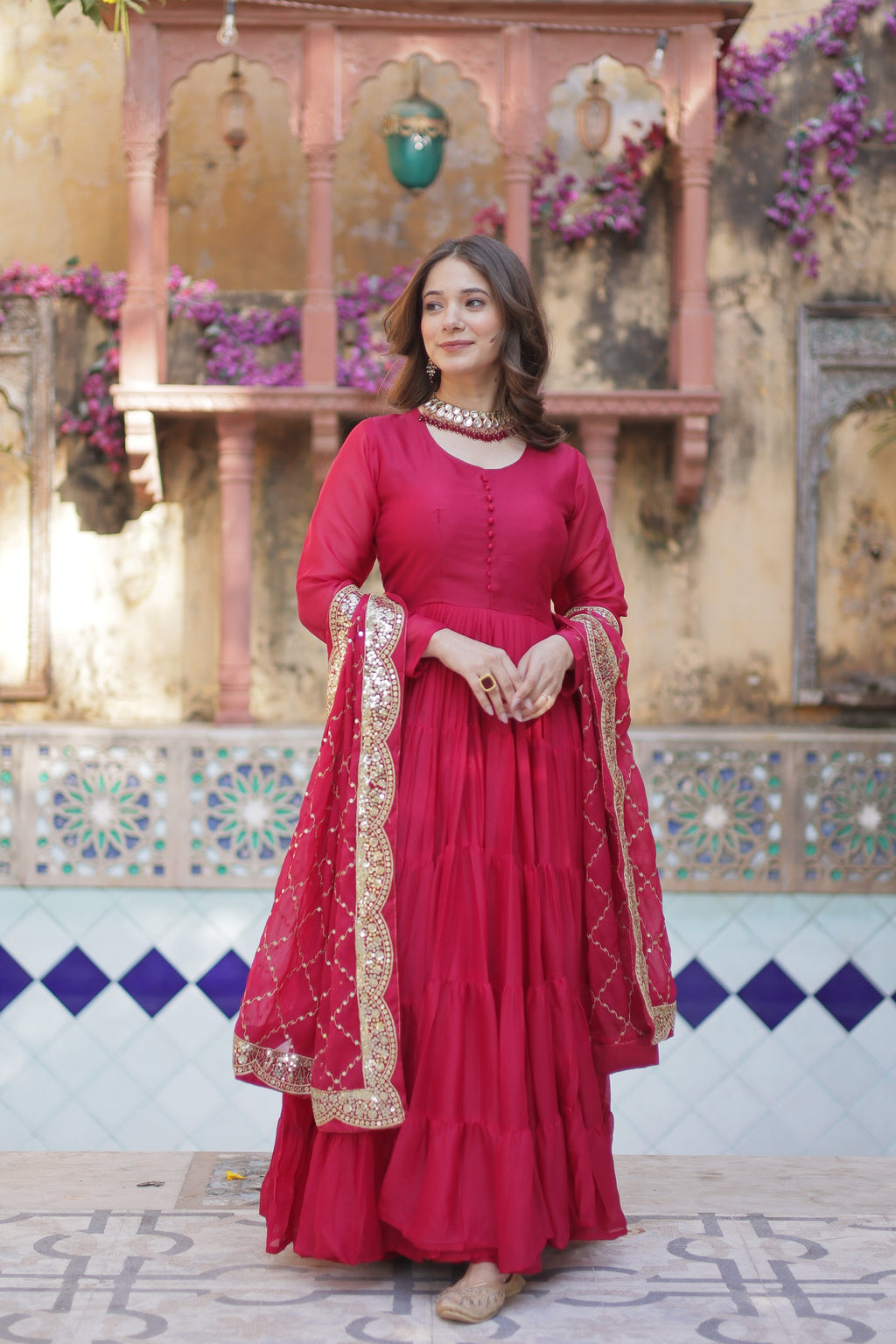 Aarushi Pink Georgette Embroidered Flared Anarkali Gown Set