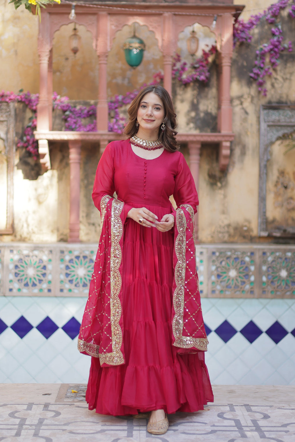 Aarushi Pink Georgette Embroidered Flared Anarkali Gown Set