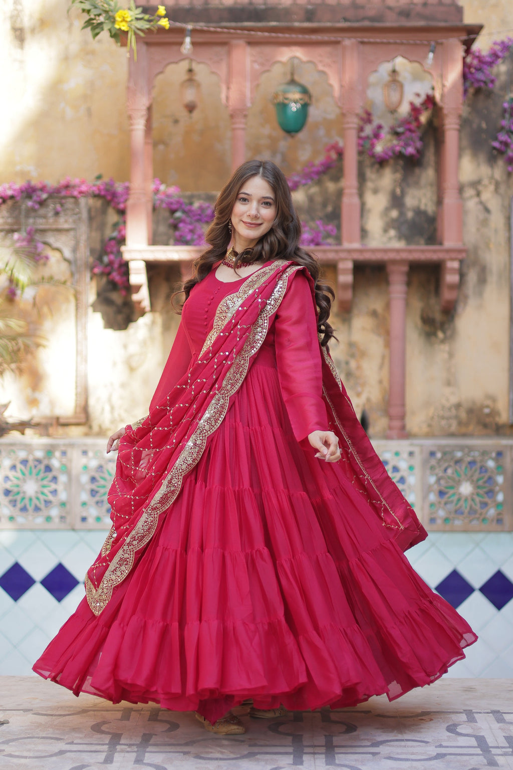 Aarushi Pink Georgette Embroidered Flared Anarkali Gown Set