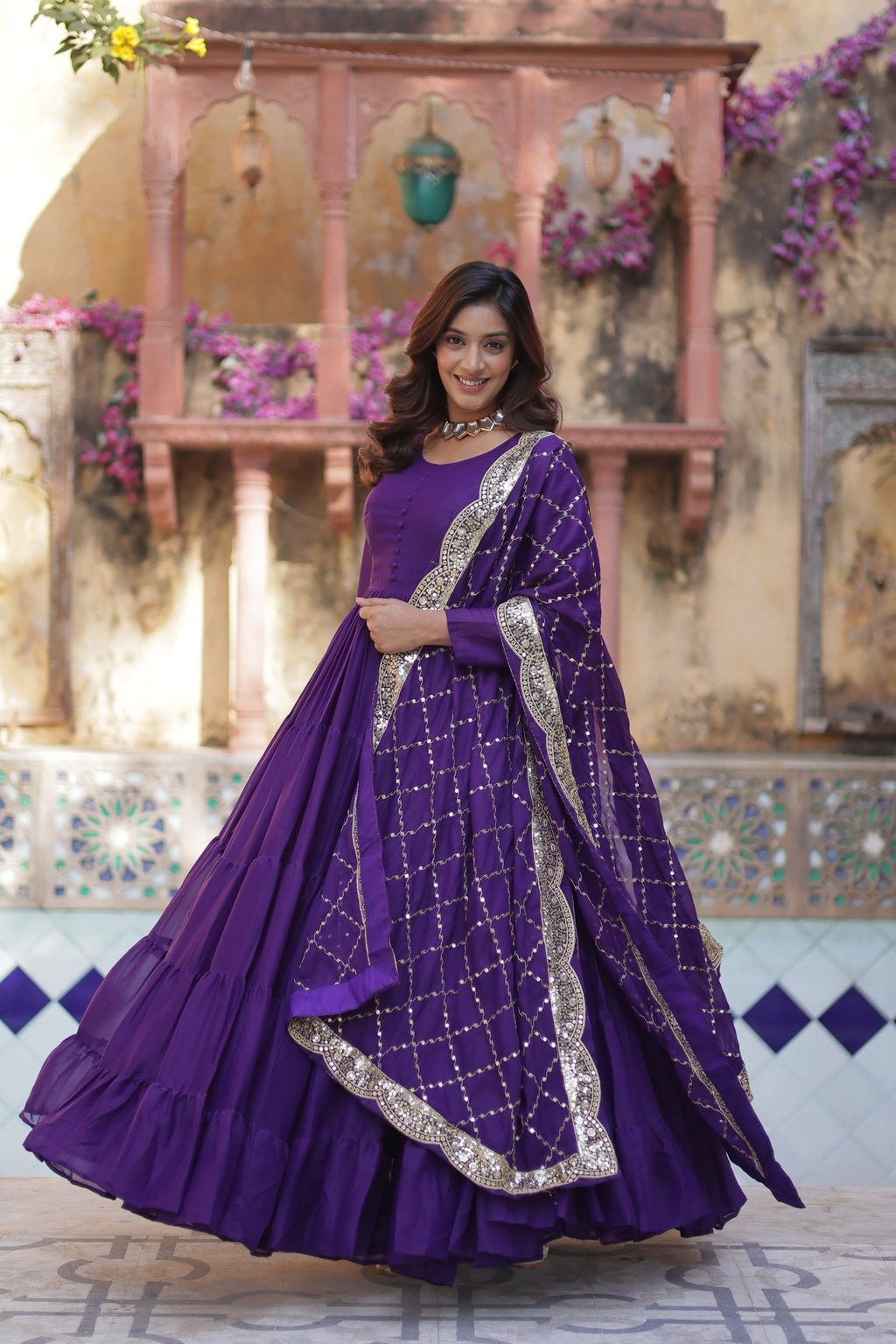 Aarushi Purple Georgette Embroidered Flared Anarkali Gown Set