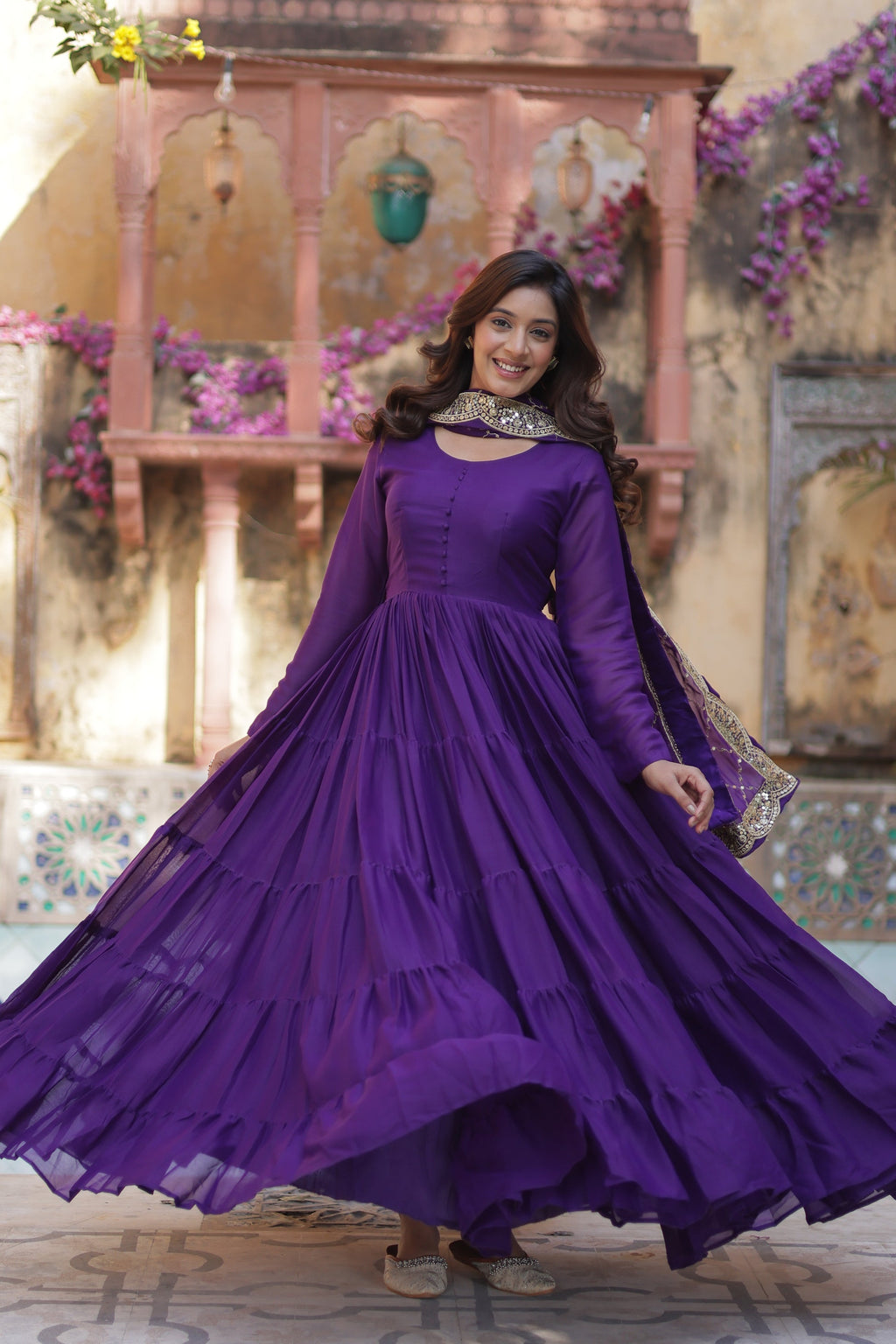 Aarushi Purple Georgette Embroidered Flared Anarkali Gown Set
