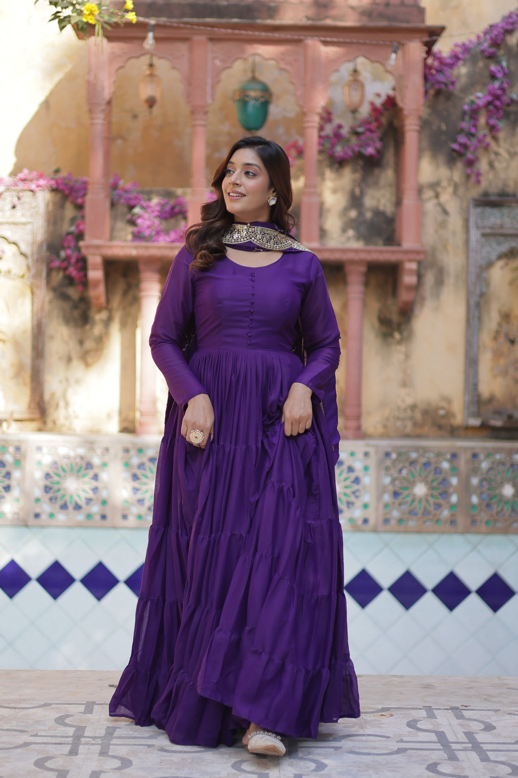 Aarushi Purple Georgette Embroidered Flared Anarkali Gown Set