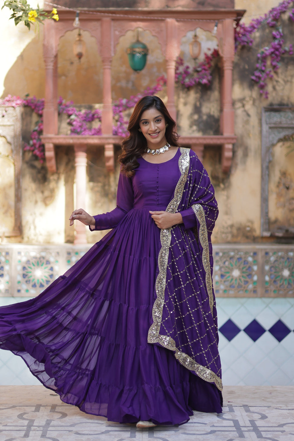 Aarushi Purple Georgette Embroidered Flared Anarkali Gown Set