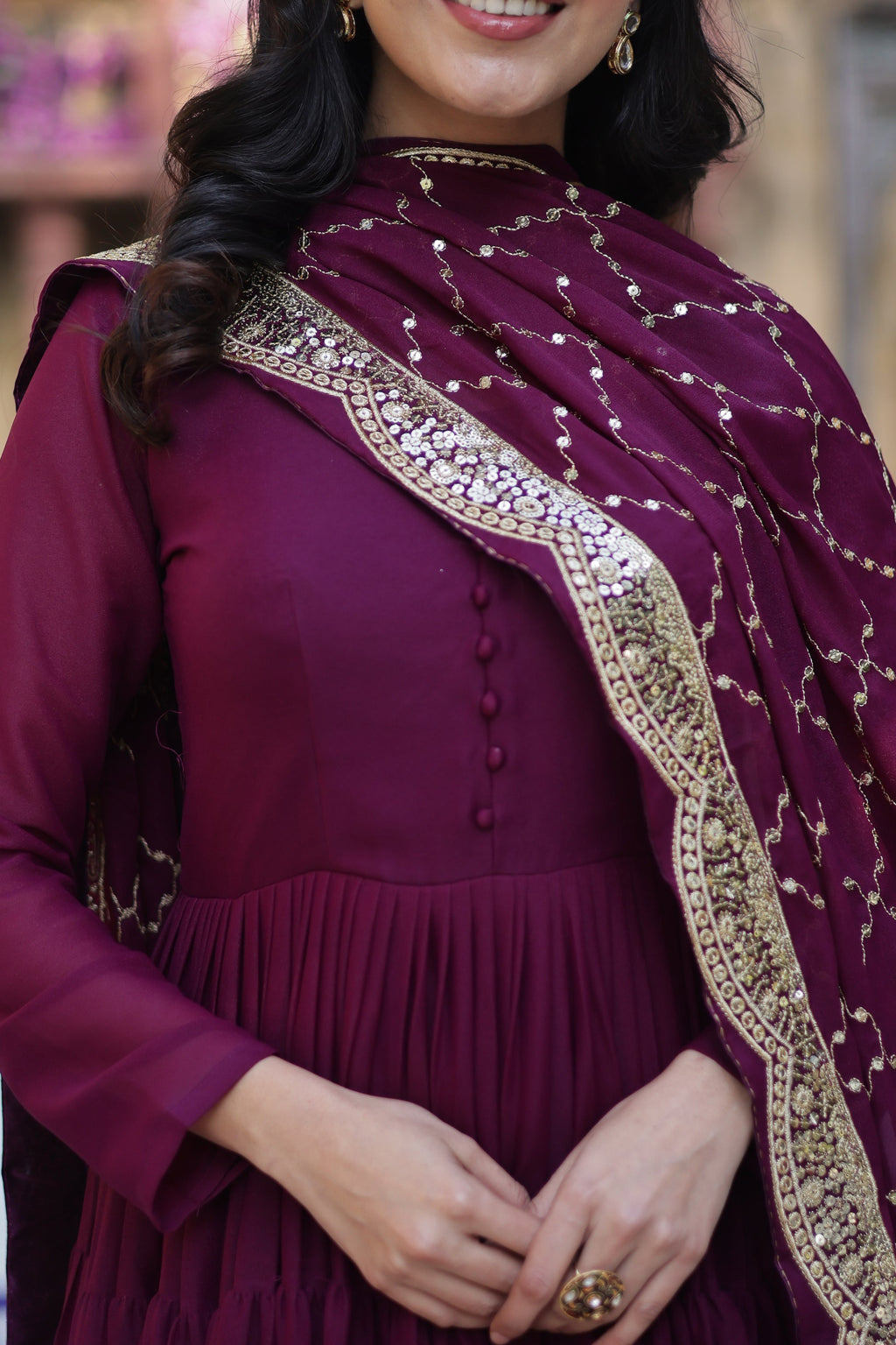 Aarushi Wine Georgette Embroidered Flared Anarkali Gown Set