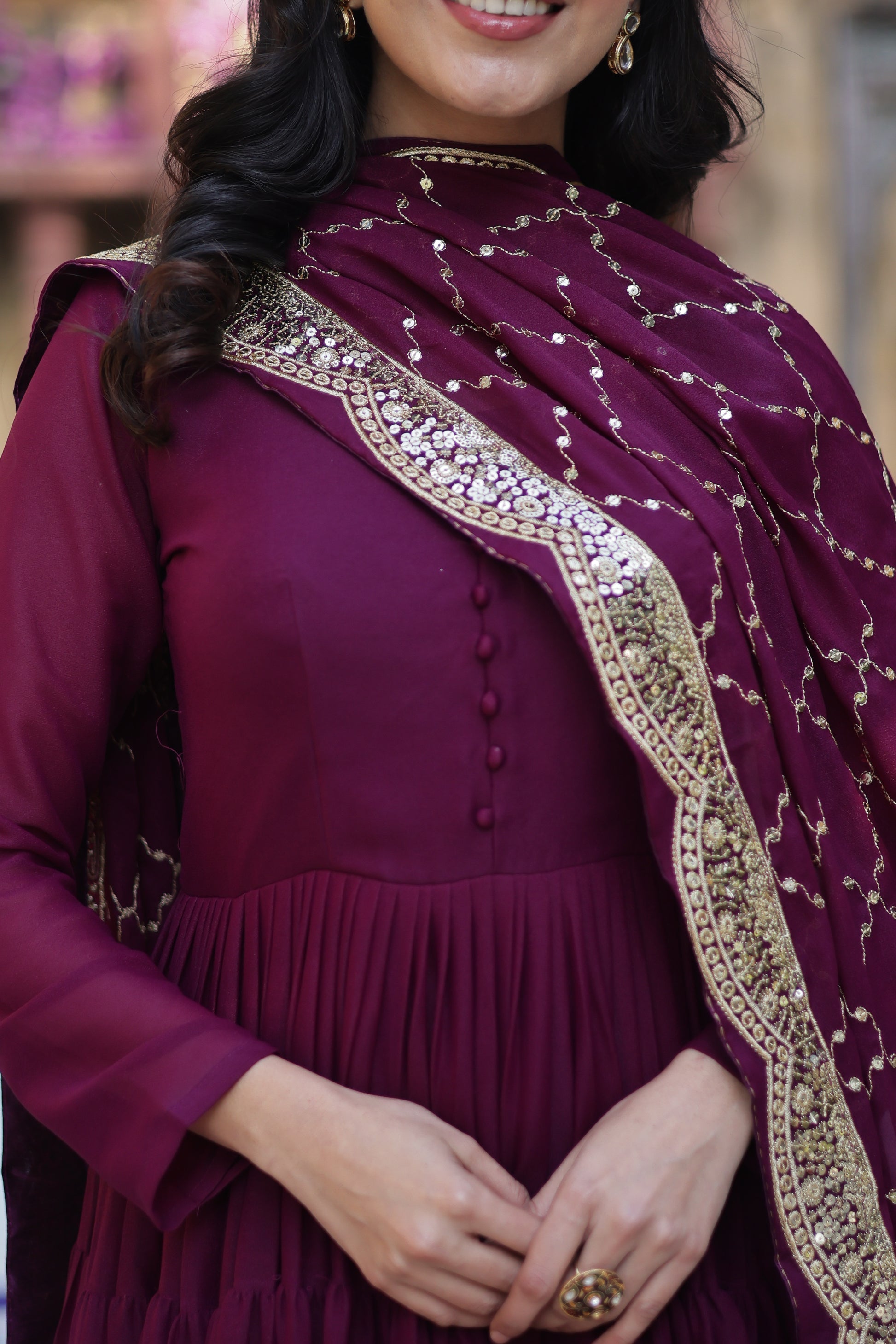 Aarushi Wine Georgette Embroidered Flared Anarkali Gown Set