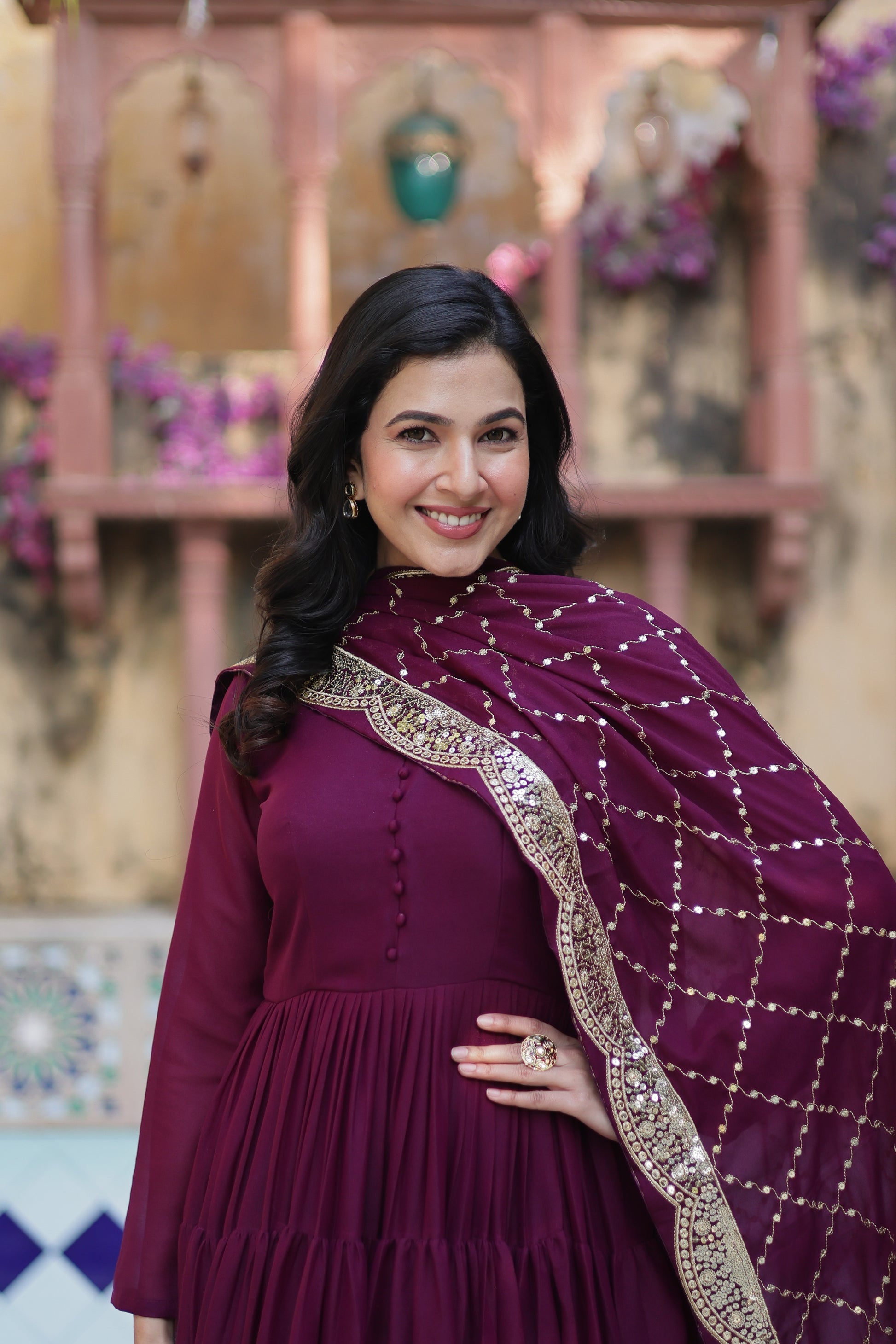 Aarushi Wine Georgette Embroidered Flared Anarkali Gown Set