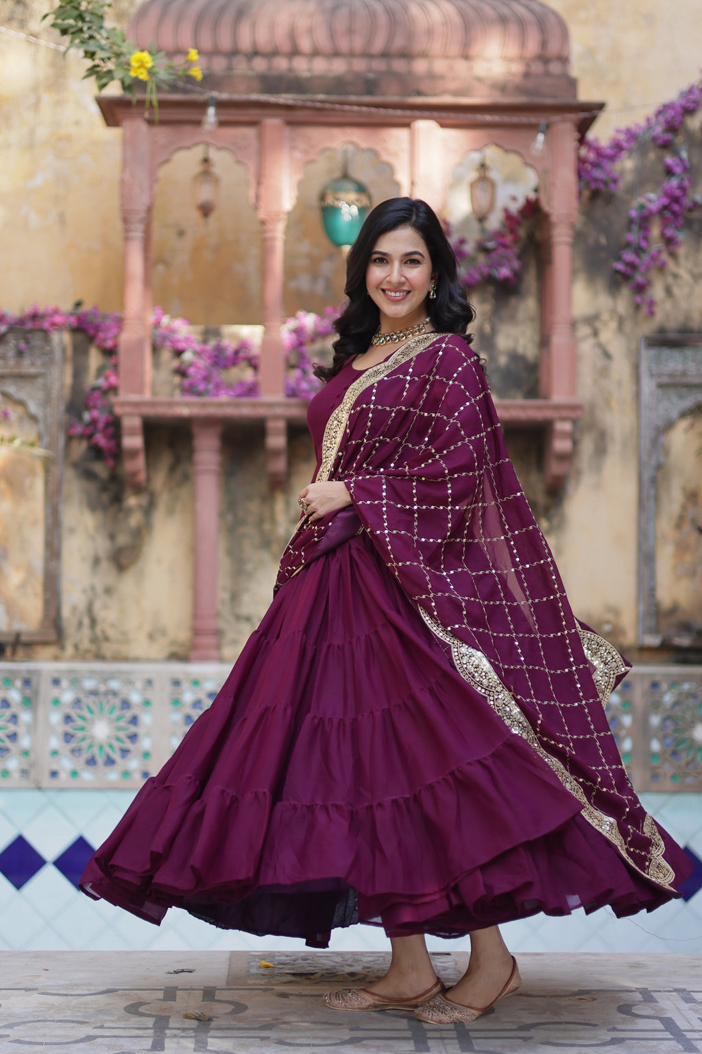 Aarushi Wine Georgette Embroidered Flared Anarkali Gown Set