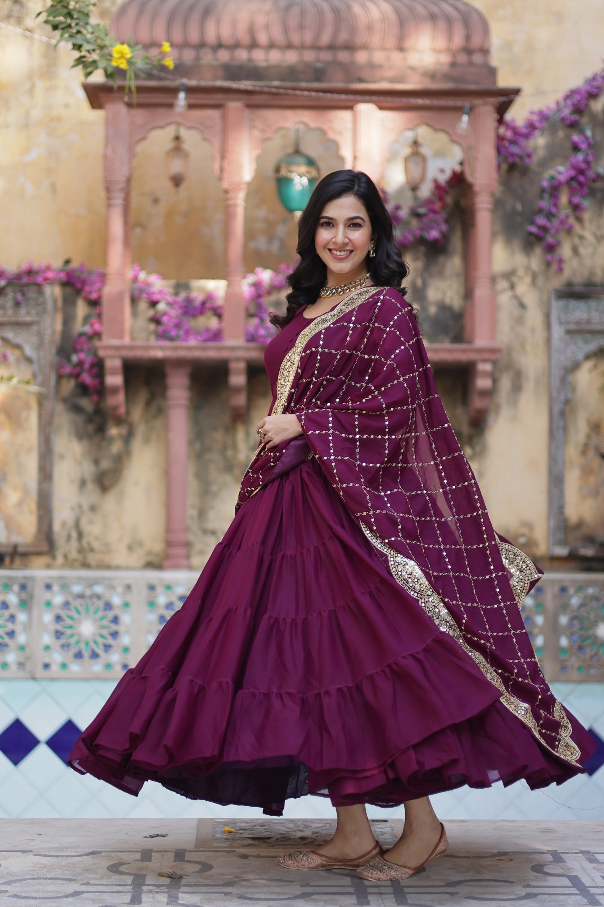Aarushi Wine Georgette Embroidered Flared Anarkali Gown Set