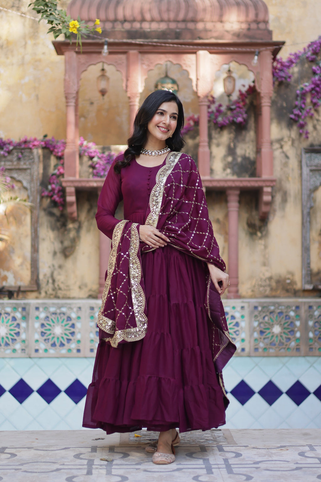 Aarushi Wine Georgette Embroidered Flared Anarkali Gown Set