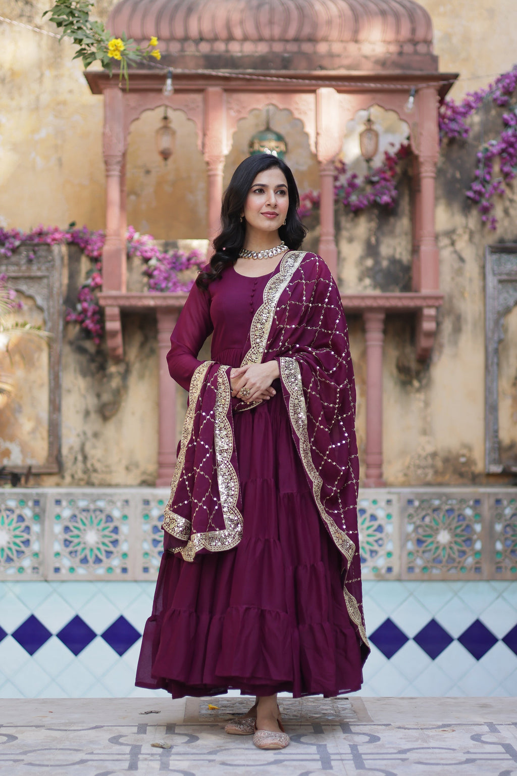 Aarushi Wine Georgette Embroidered Flared Anarkali Gown Set