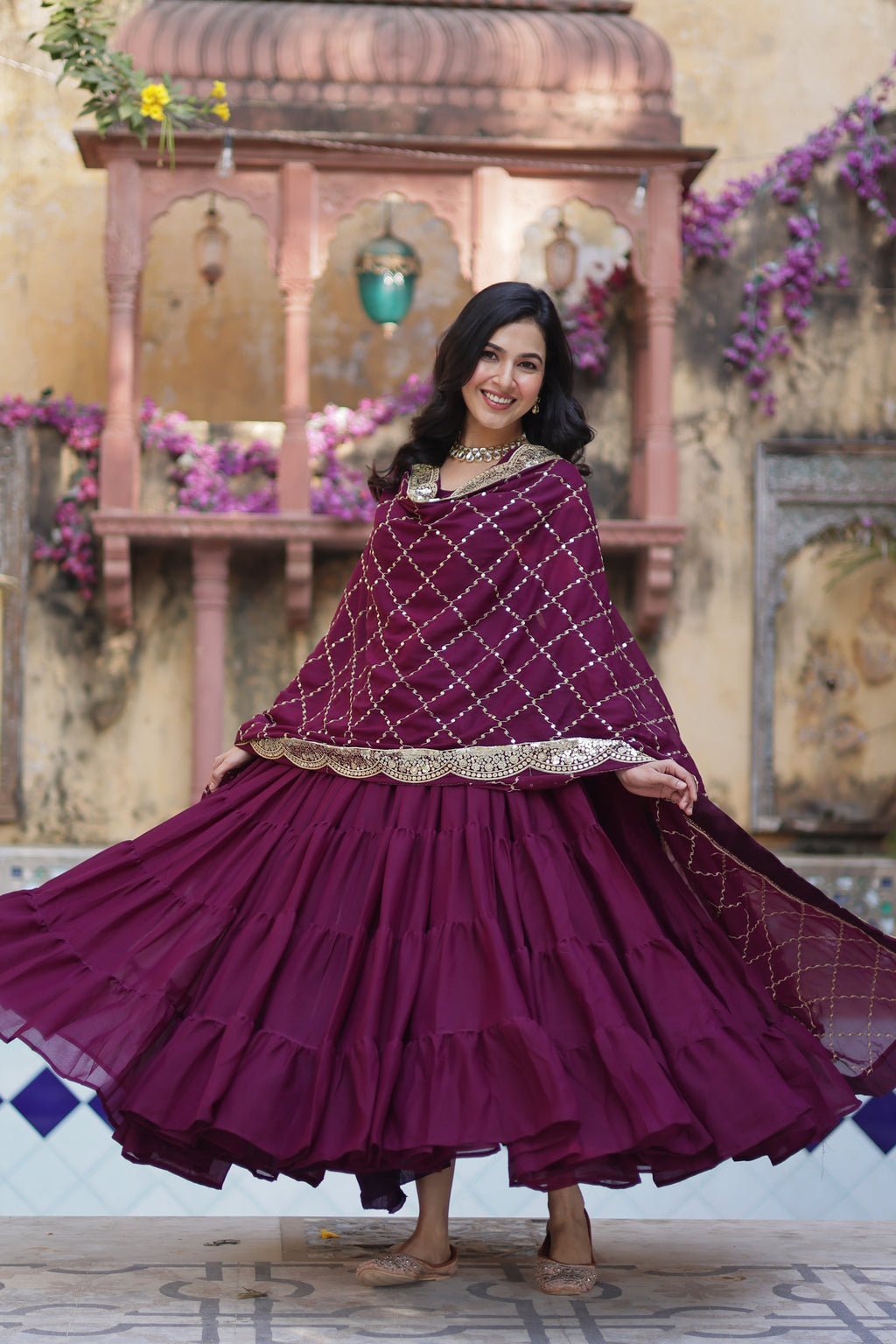 Aarushi Wine Georgette Embroidered Flared Anarkali Gown Set