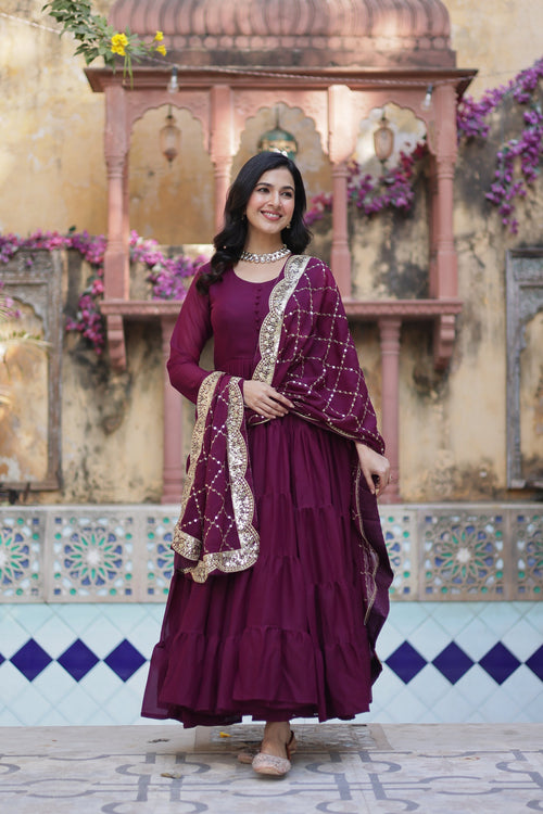 Aarushi Wine Georgette Embroidered Flared Anarkali Gown Set