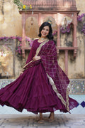 Aarushi Wine Georgette Embroidered Flared Anarkali Gown Set
