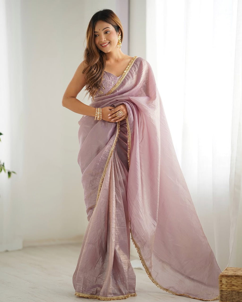 Aarvi Light Dusty Mauve Ready-To-Wear Gold Crush Tissue Silk Saree