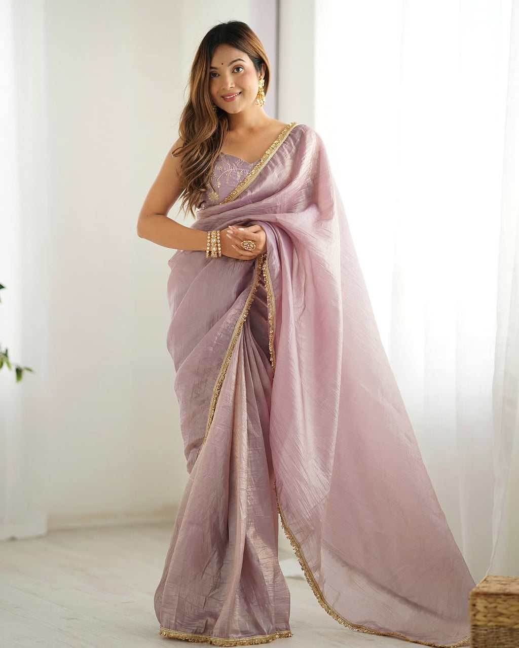 Aarvi Light Dusty Mauve Ready-To-Wear Gold Crush Tissue Silk Saree