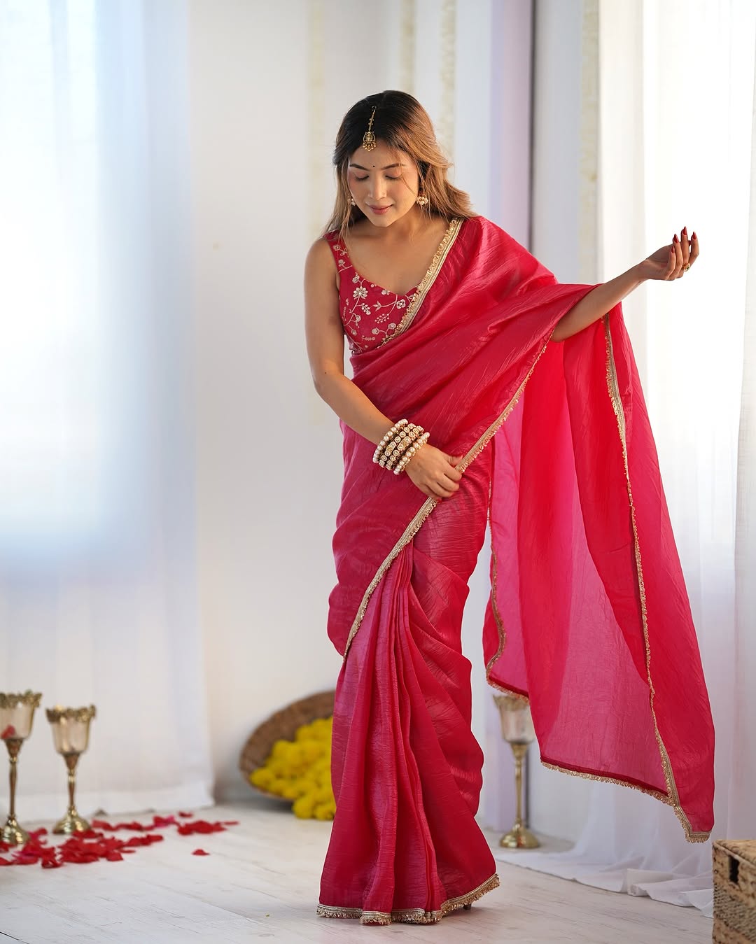 Aarvi Rani Pink Ready-To-Wear Gold Crush Tissue Silk Saree