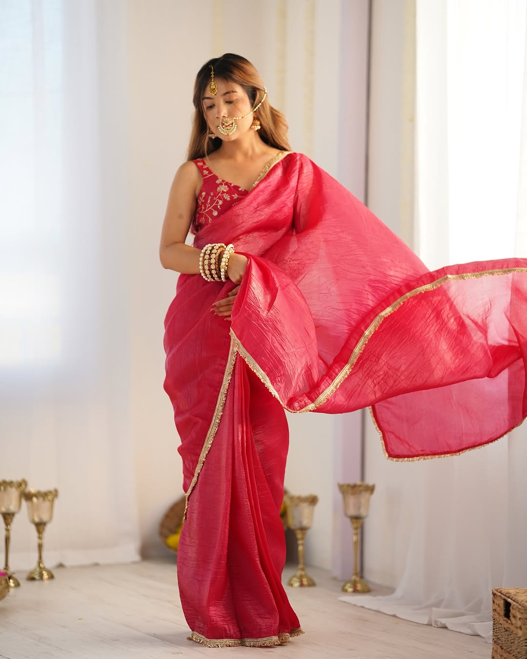 Aarvi Rani Pink Ready-To-Wear Gold Crush Tissue Silk Saree