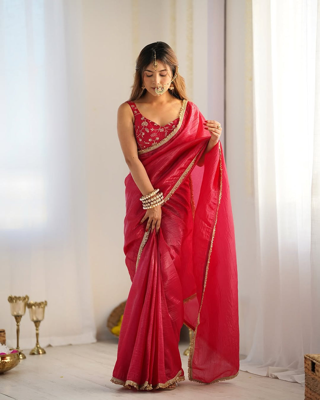 Aarvi Rani Pink Ready-To-Wear Gold Crush Tissue Silk Saree