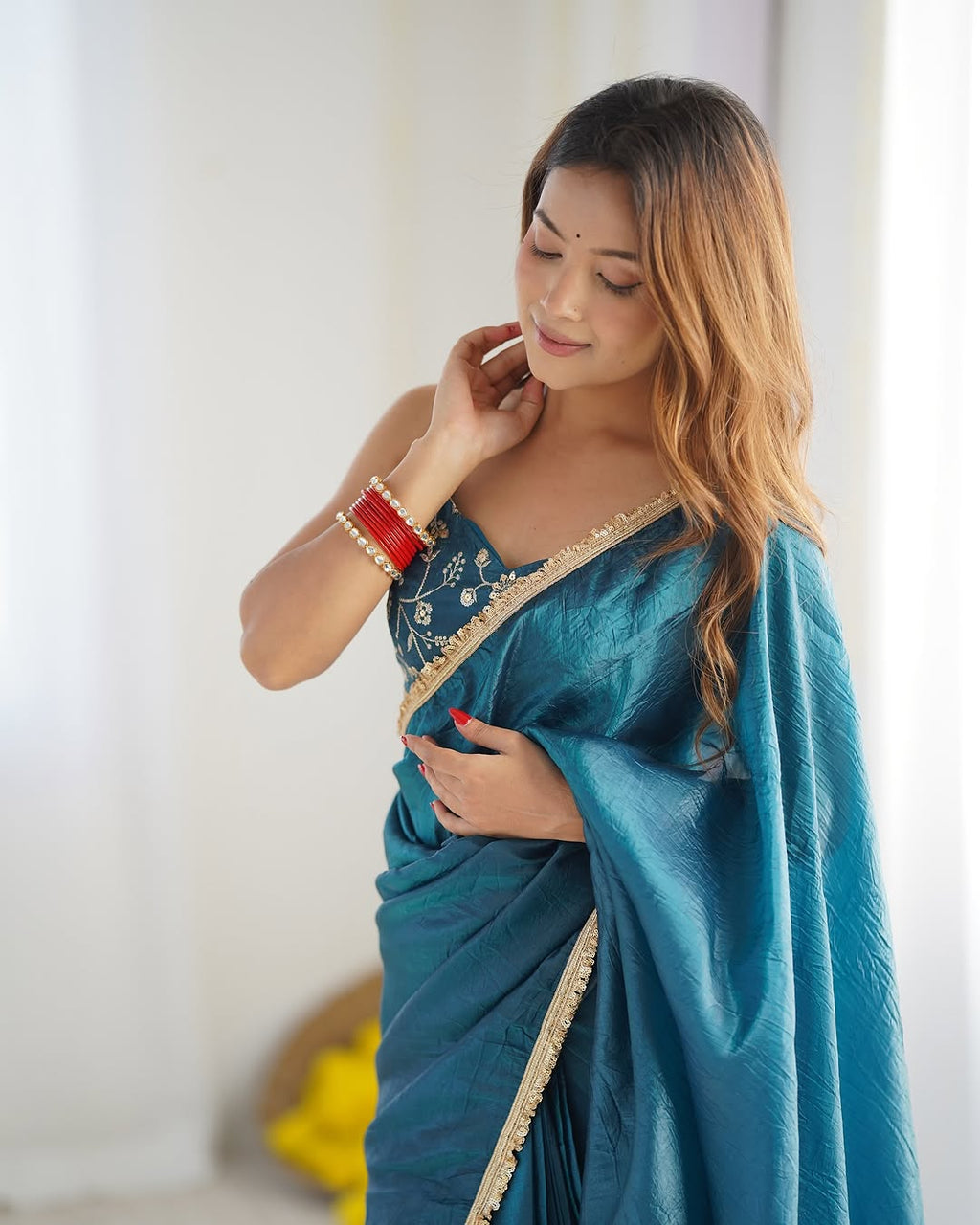 Aarvi Teal Ready-To-Wear Gold Crush Tissue Silk Saree