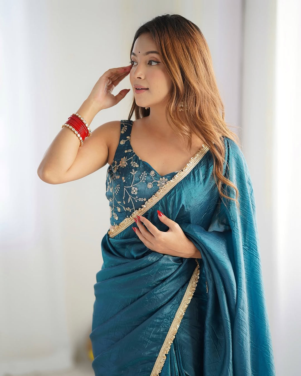 Aarvi Teal Ready-To-Wear Gold Crush Tissue Silk Saree