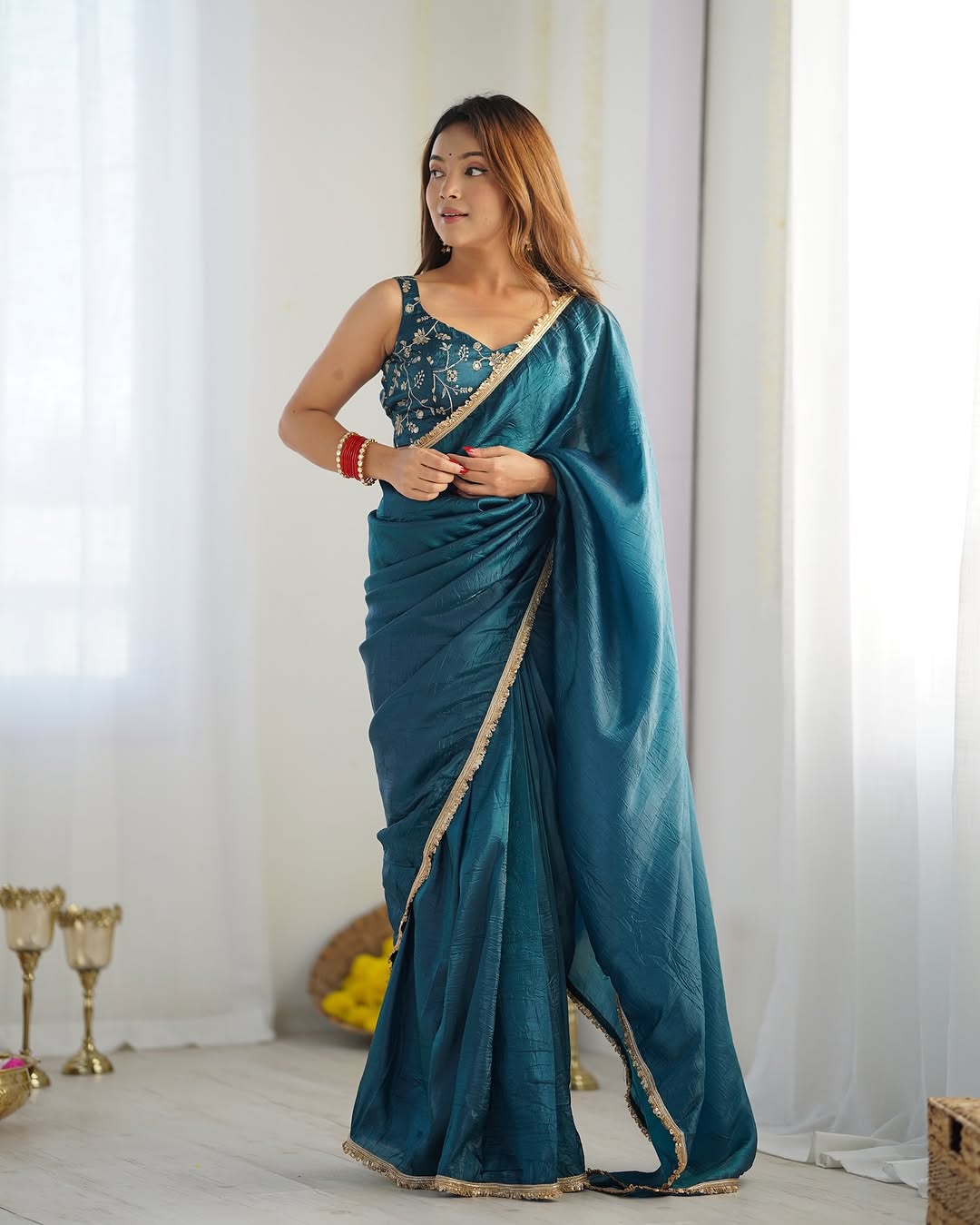 Aarvi Teal Ready-To-Wear Gold Crush Tissue Silk Saree