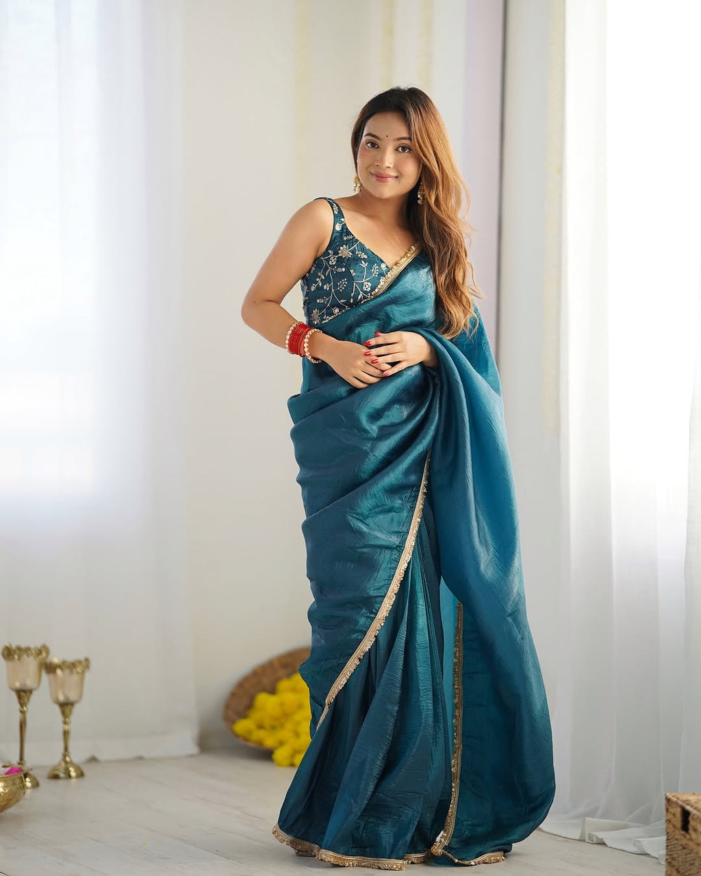 Aarvi Teal Ready-To-Wear Gold Crush Tissue Silk Saree