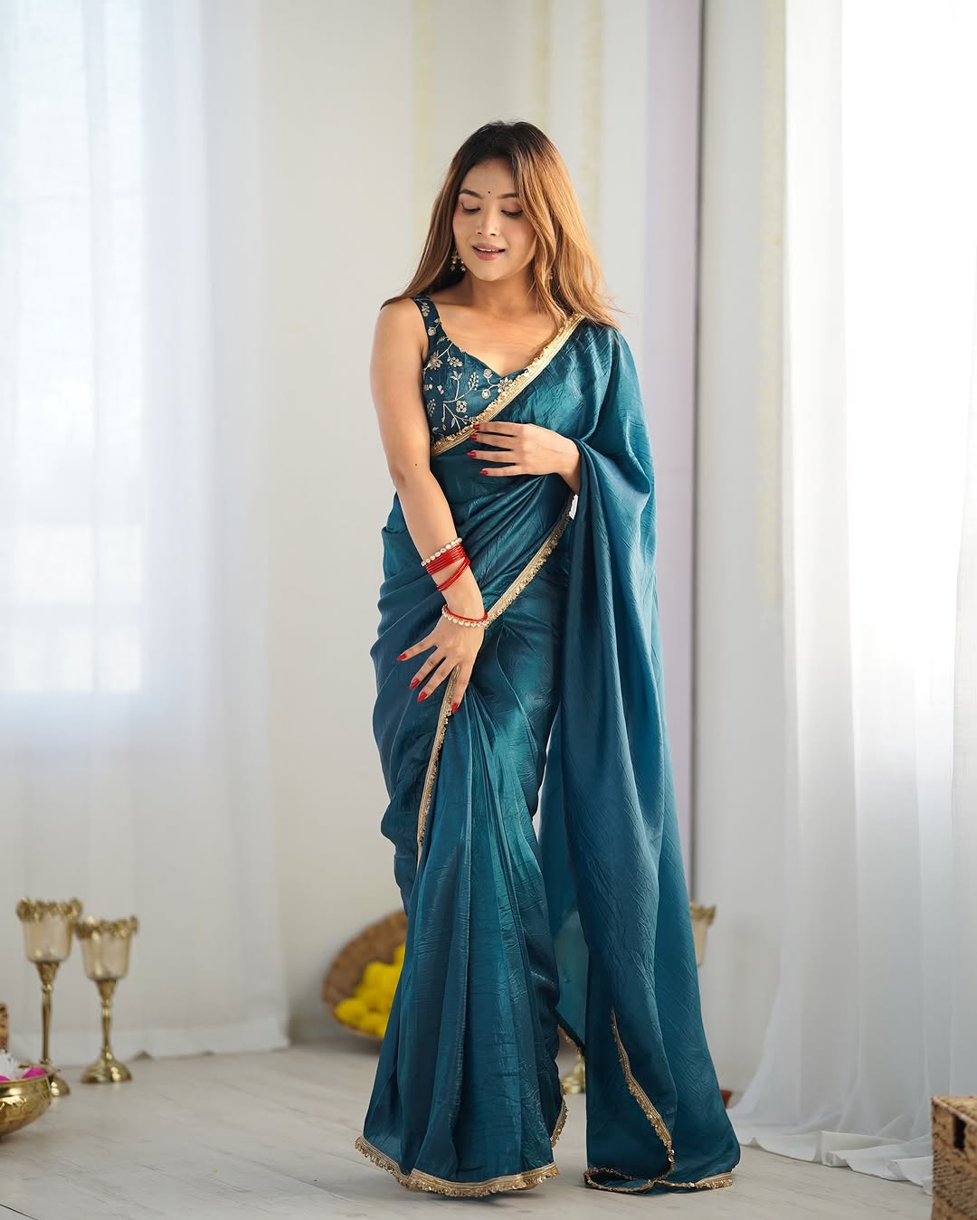 Aarvi Teal Ready-To-Wear Gold Crush Tissue Silk Saree