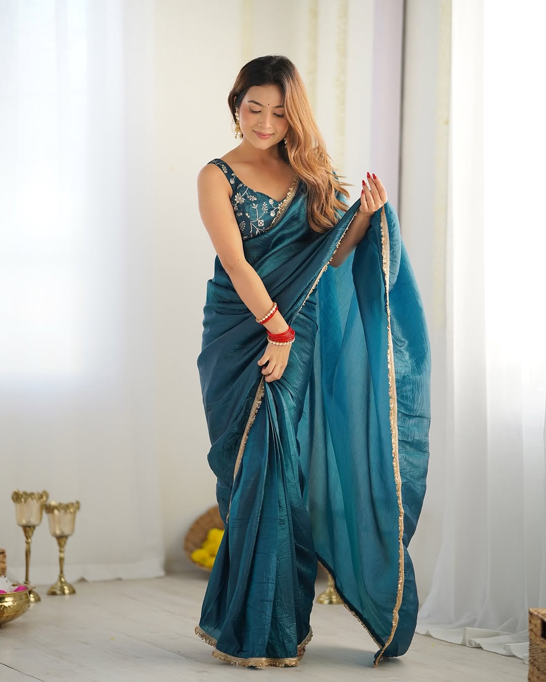 Aarvi Teal Ready-To-Wear Gold Crush Tissue Silk Saree
