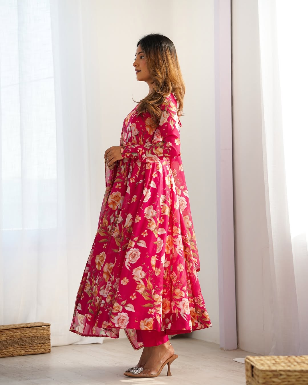 Aashvi Soft Organza Anarkali Suit Set – pastel pink fully stitched Anarkali kurta with 4-meter flair and canvas belt, paired with digitally printed micro cotton pants and a shawl-style lace border dupatta, premium soft organza festive suit for weddings, Diwali, Eid, or Raksha Bandhan, stylish and elegant ethnic set for women by Trinaari.