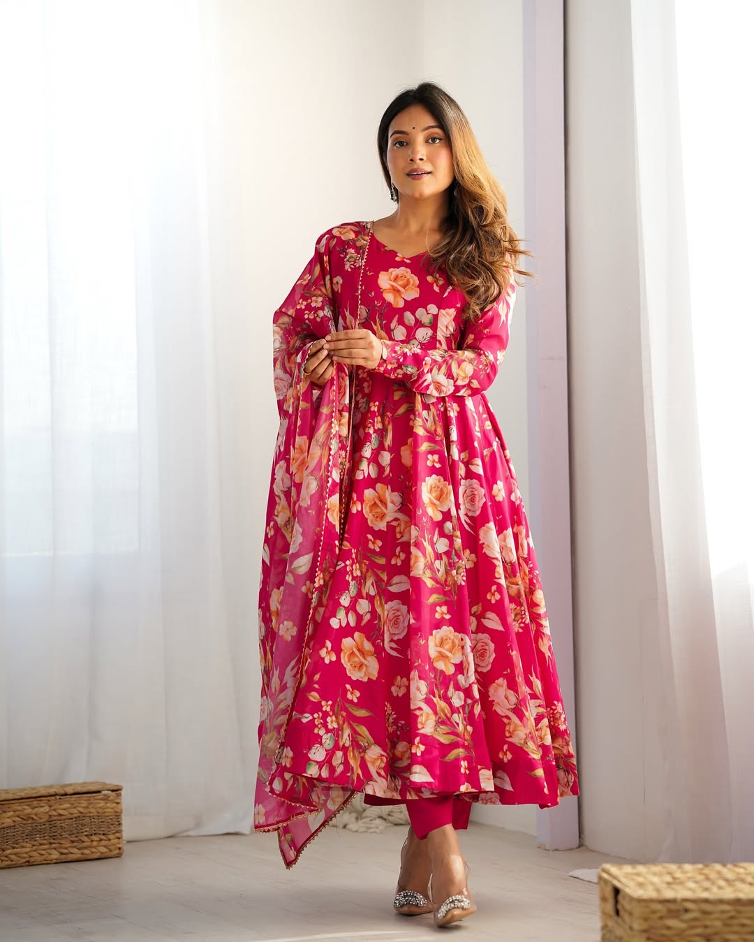 Aashvi Soft Organza Anarkali Suit Set – pastel pink fully stitched Anarkali kurta with 4-meter flair and canvas belt, paired with digitally printed micro cotton pants and a shawl-style lace border dupatta, premium soft organza festive suit for weddings, Diwali, Eid, or Raksha Bandhan, stylish and elegant ethnic set for women by Trinaari.